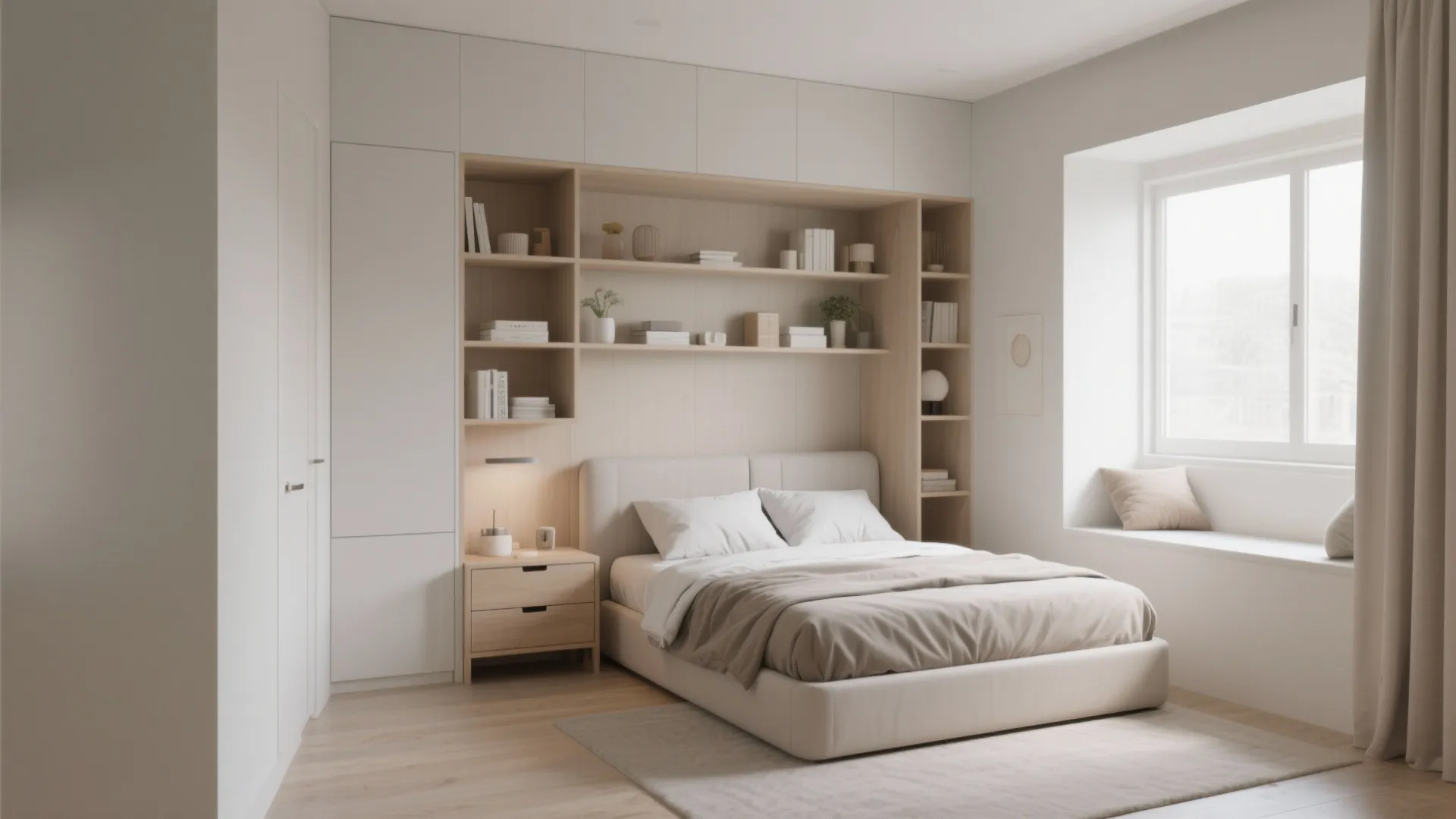 Modern bedroom featuring integrated wooden wall storage bed bedside table large window and bright light