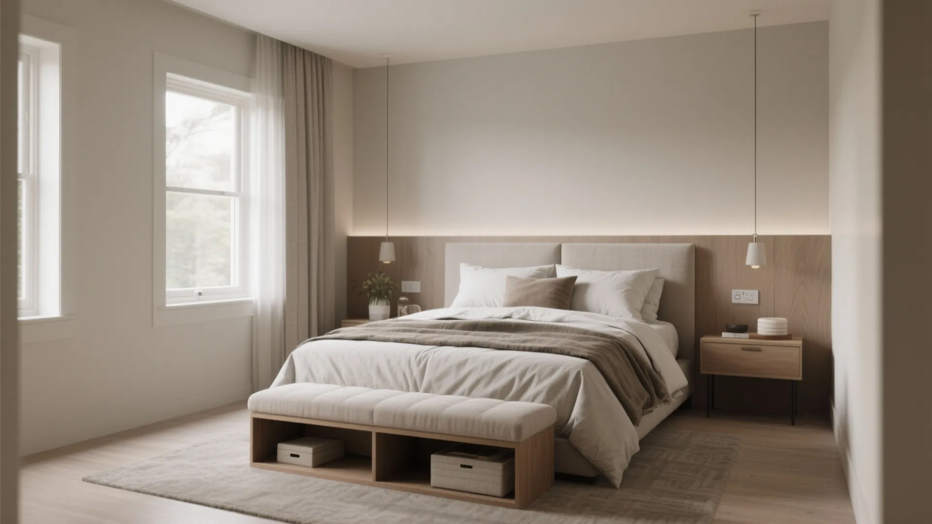 Minimalist bedroom with wooden wall panel hanging ceiling lights bed with footrest and bedside tables