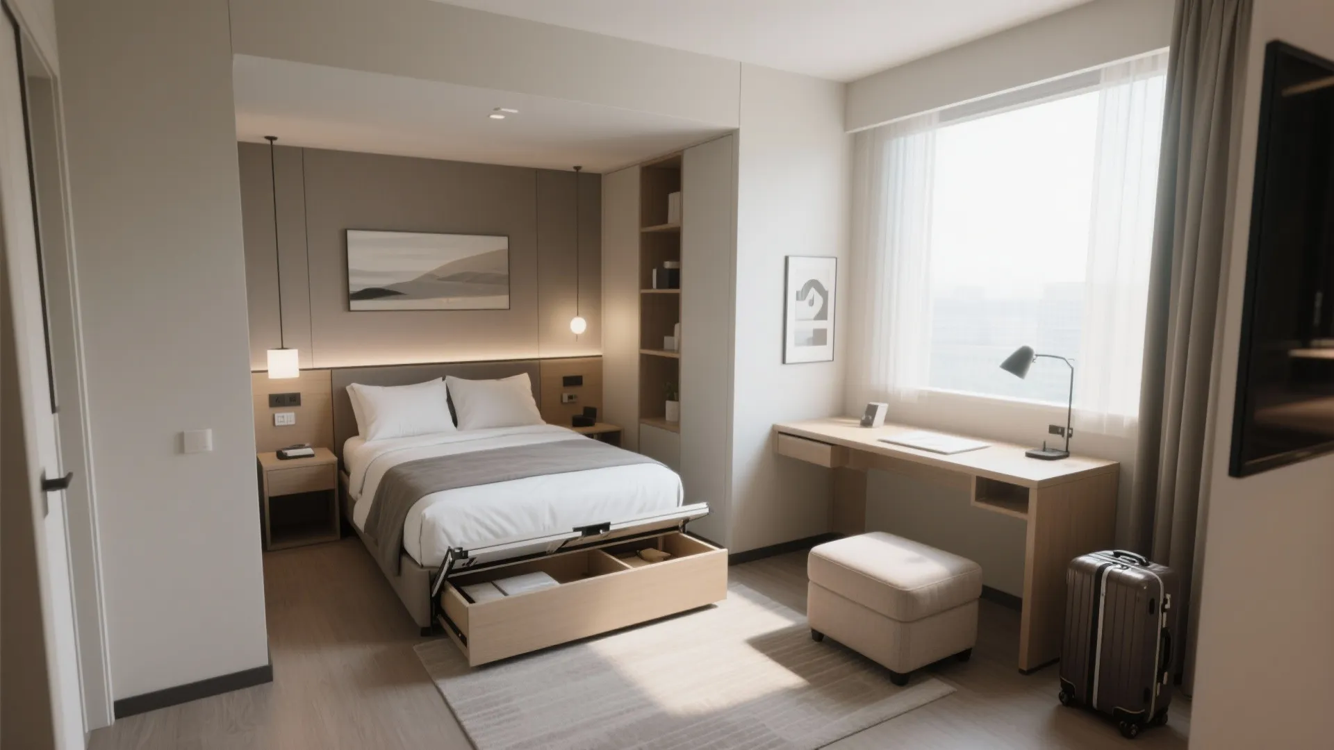 Compact guest bedroom with storage bed, fold-down desk, and multi-use ottoman