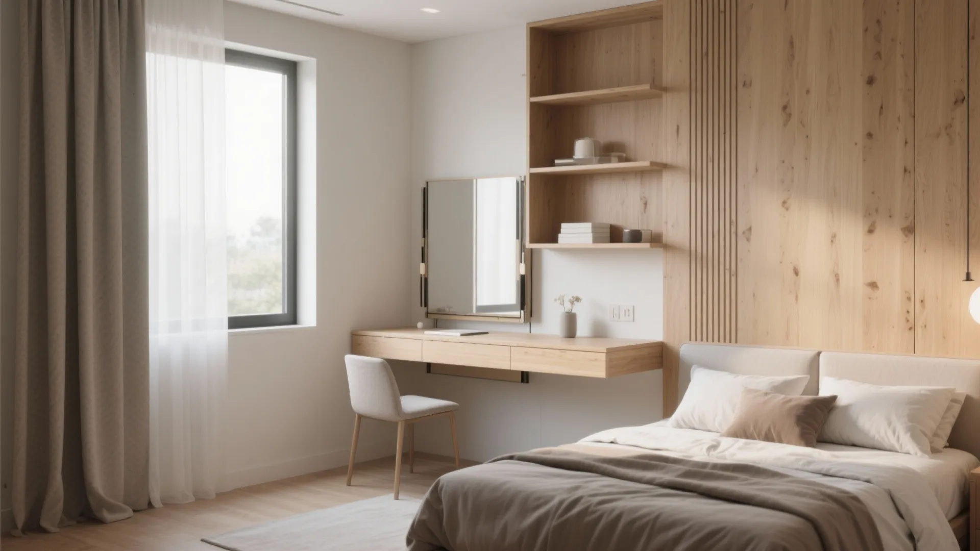 Wooden bedroom wall panel with built in desk plus shelves and mirror near large window