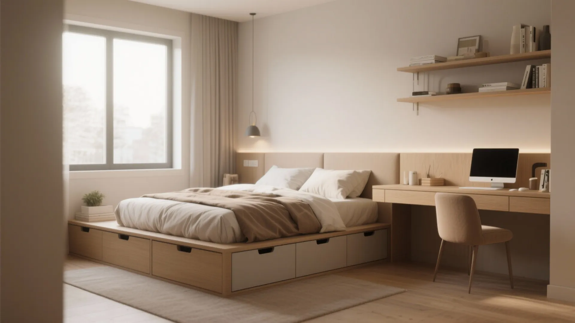 Small bedroom with storage bed and dual-purpose console table