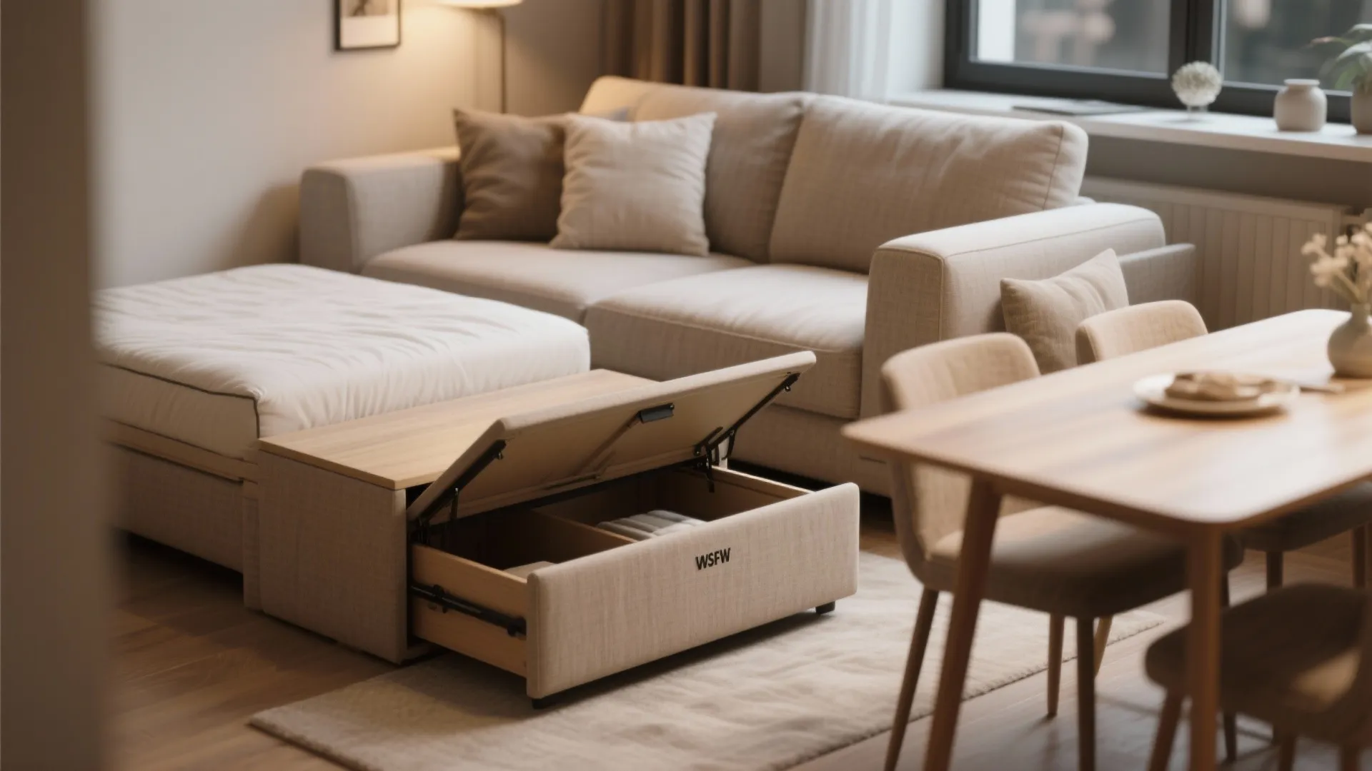 Modern living room featuring a multi functional sofa bed with hidden storage drawer and wooden table