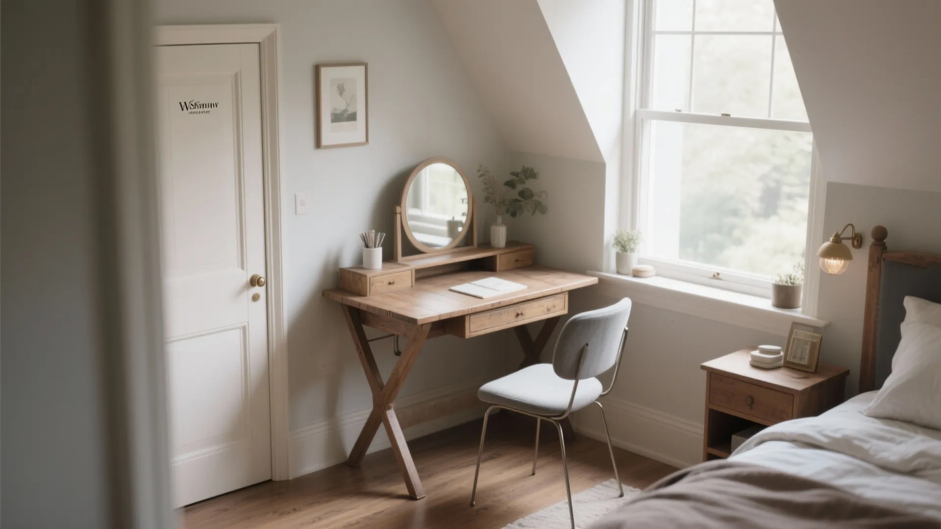 Vintage drop-leaf table serving as desk and vanity