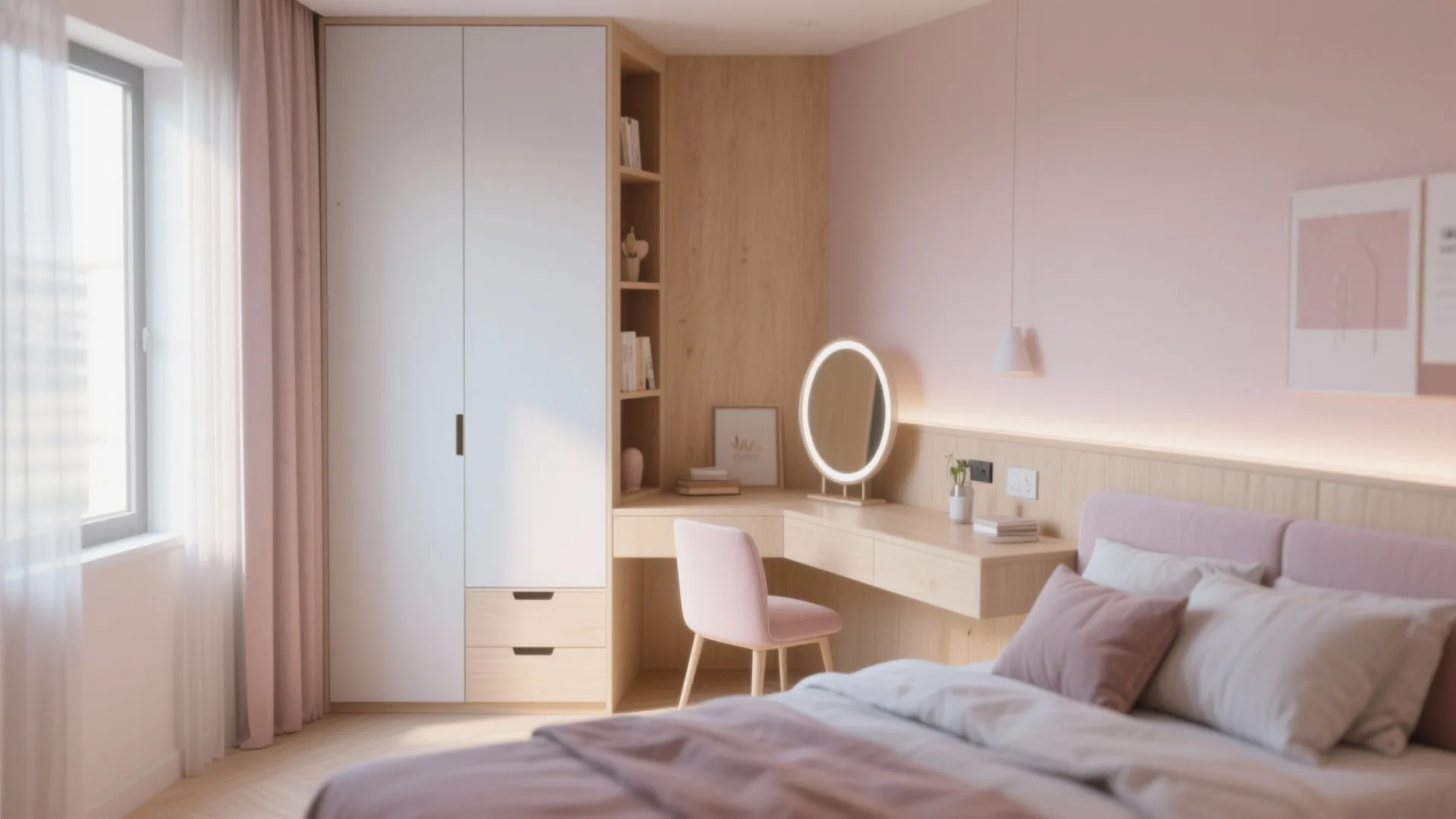 Small bedroom with multi-use desk and storage