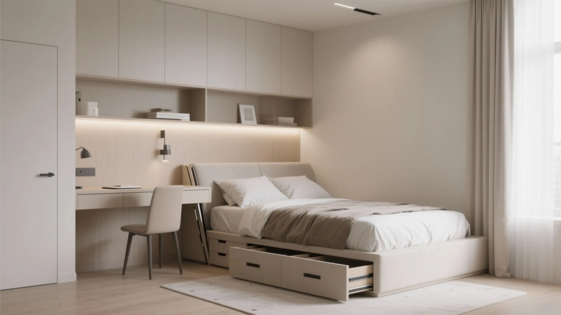 Modern cream bedroom featuring bed with storage drawers desk chair wall cabinet and light fixture