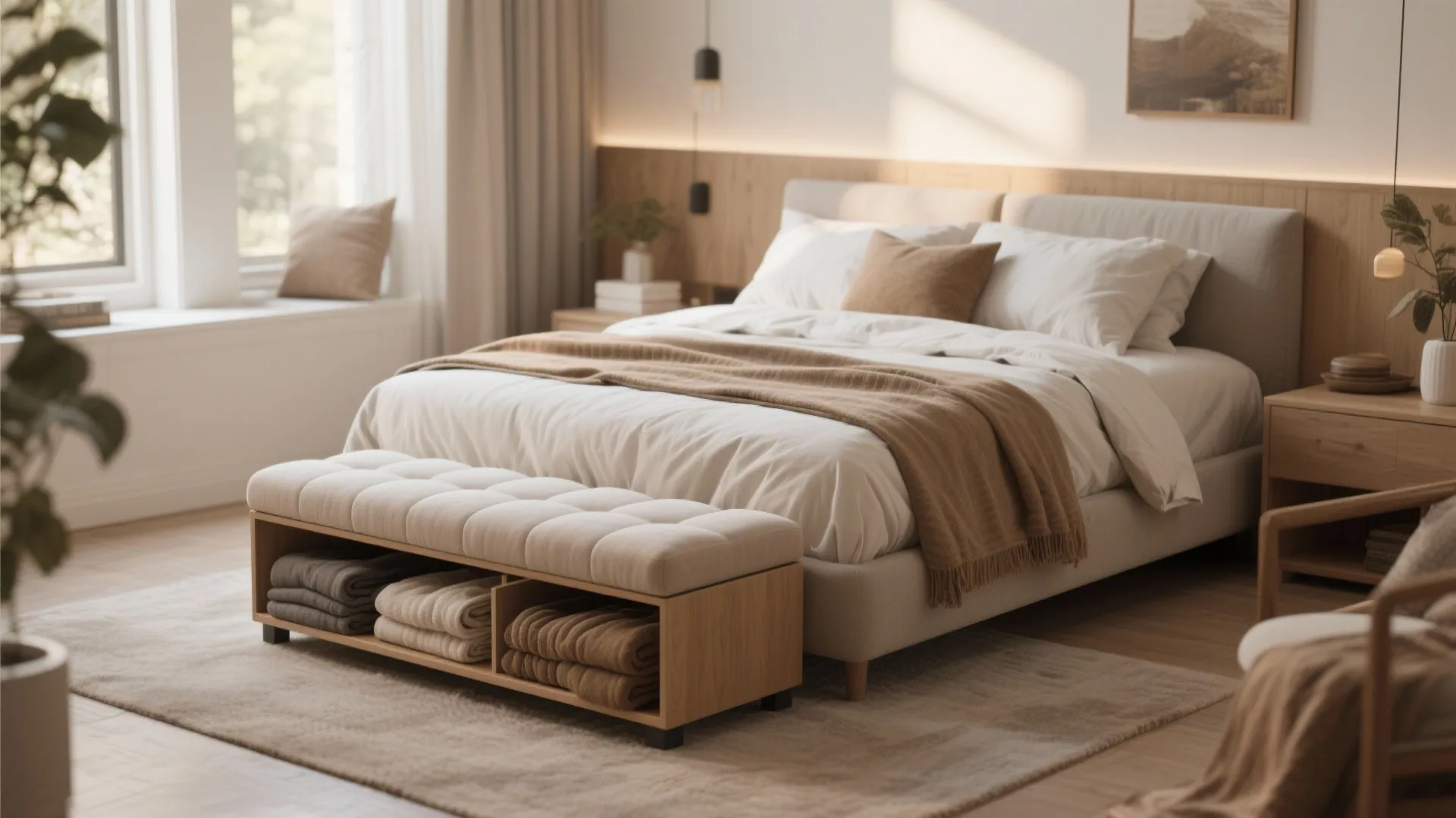 Modern cozy bedroom featuring a beige bed with a wooden footrest bench for blanket storage