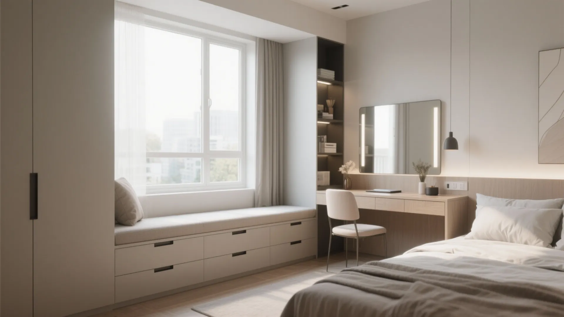 Bedroom featuring a window seat with storage drawers next to a wooden desk and chair