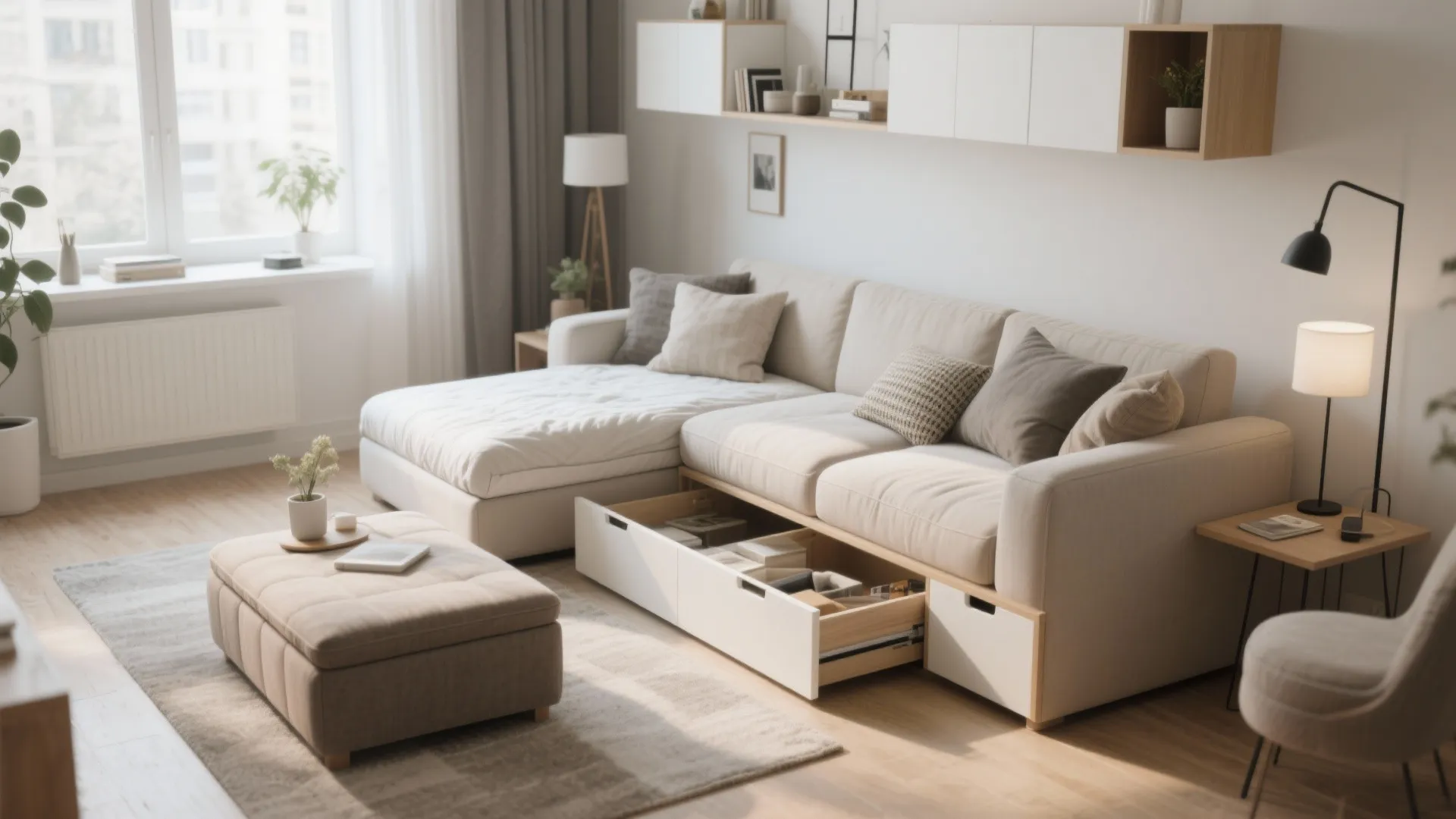 Small living room featuring a sectional sofa with built-in storage drawers and a square footrest