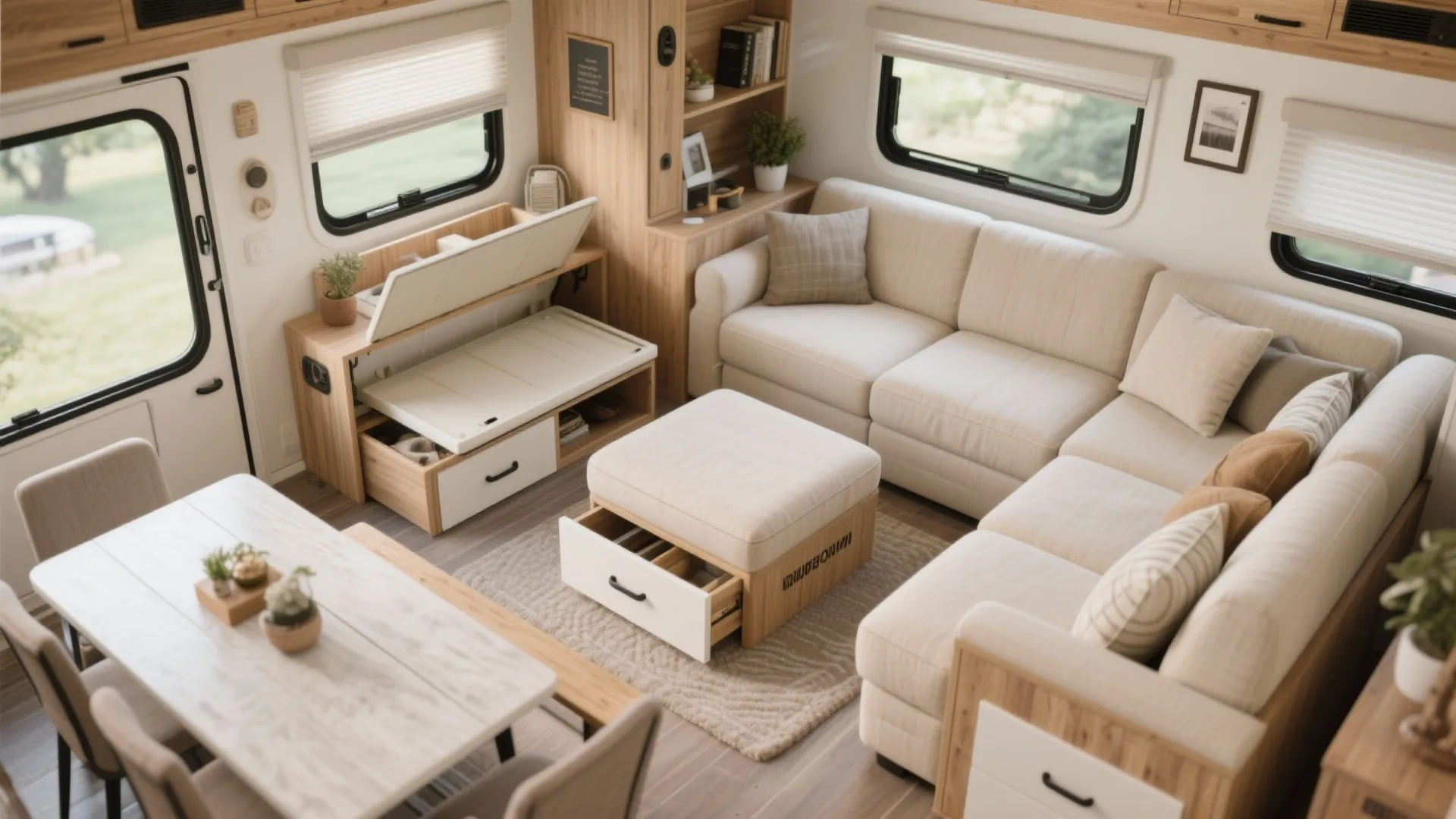 Small living room with cream sofa and a wooden footrest that has a storage drawer