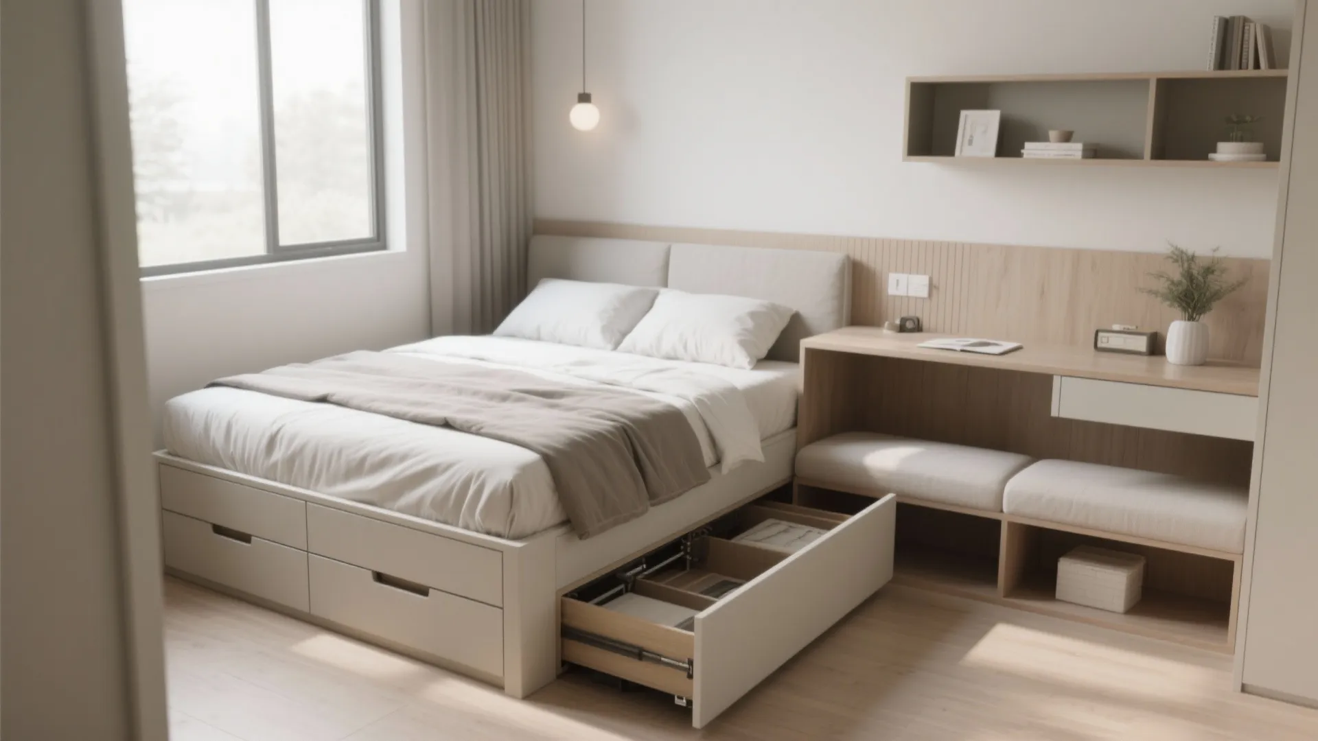 Small bedroom with fold-down desk and storage bed