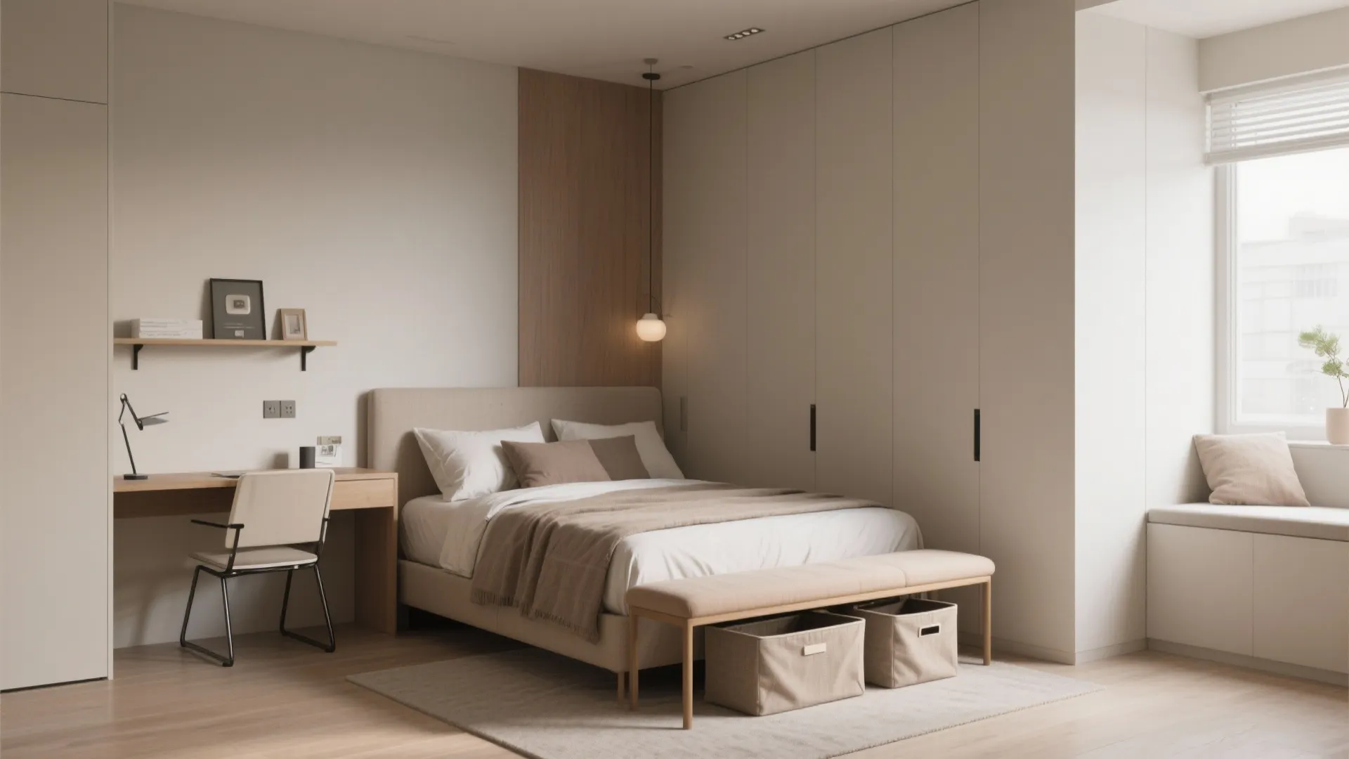 Modern bedroom with integrated wooden desk chair large white cabinet footrest and warm natural sunlight