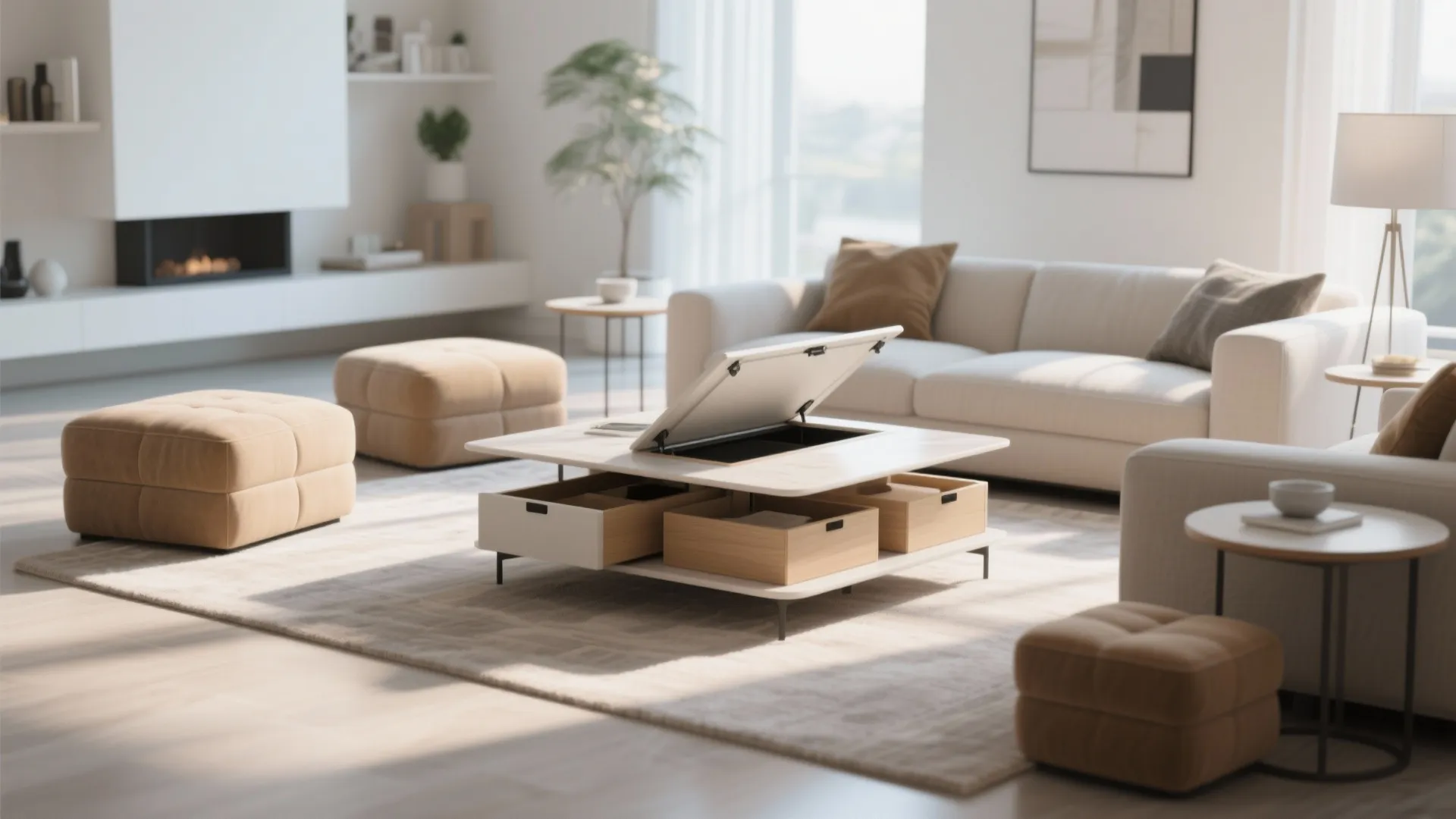 Functional coffee table with storage drawers and lifting top in bright living room with footrests