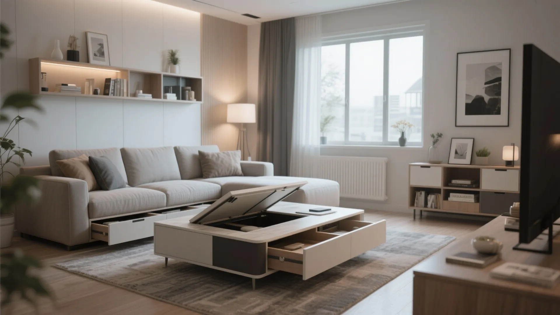 Living room featuring a coffee table with drawers and a sofa with many storage spaces