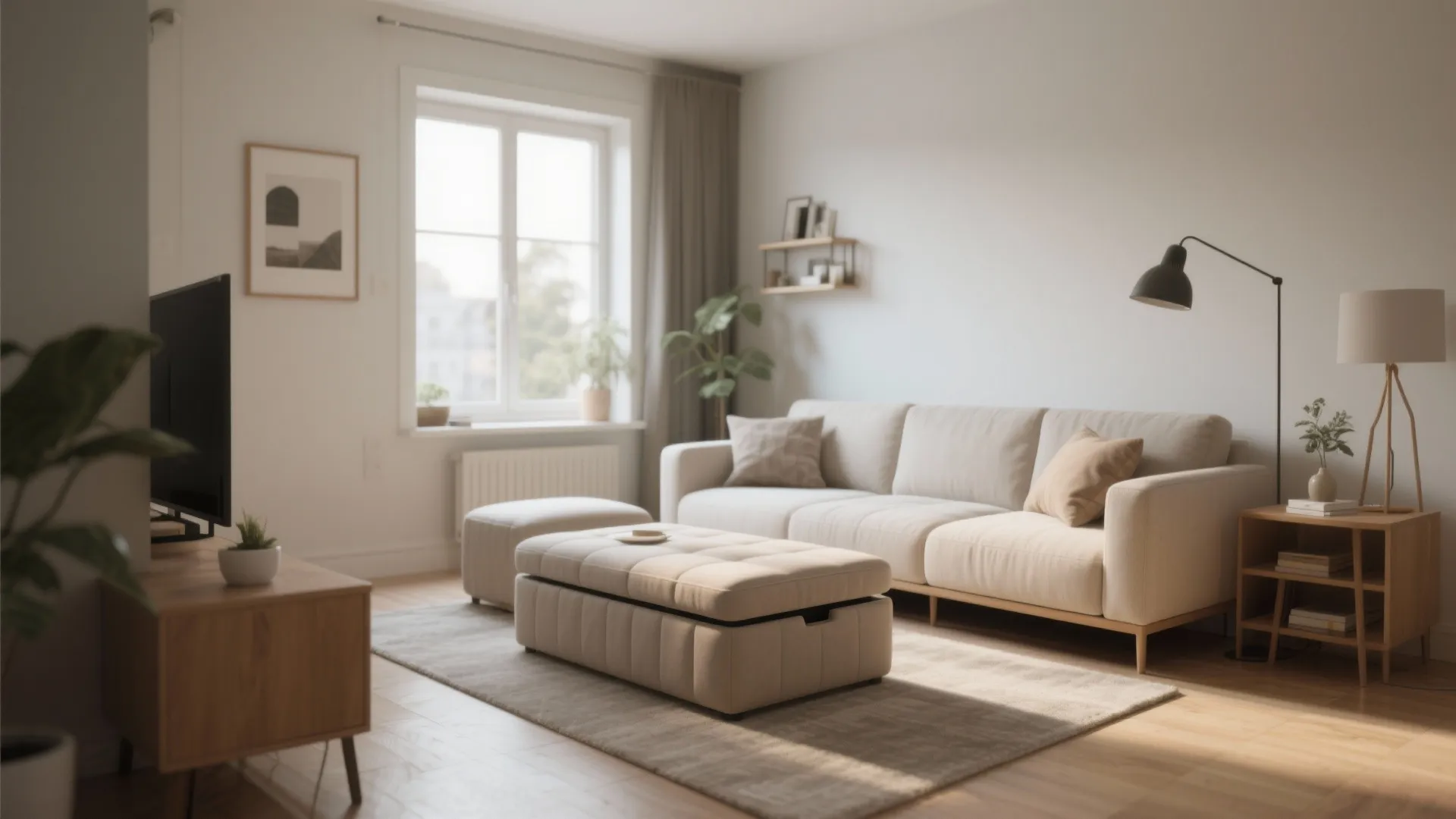 Modern living room featuring beige sofa square footrest wooden tv stand and black floor lamp fixture