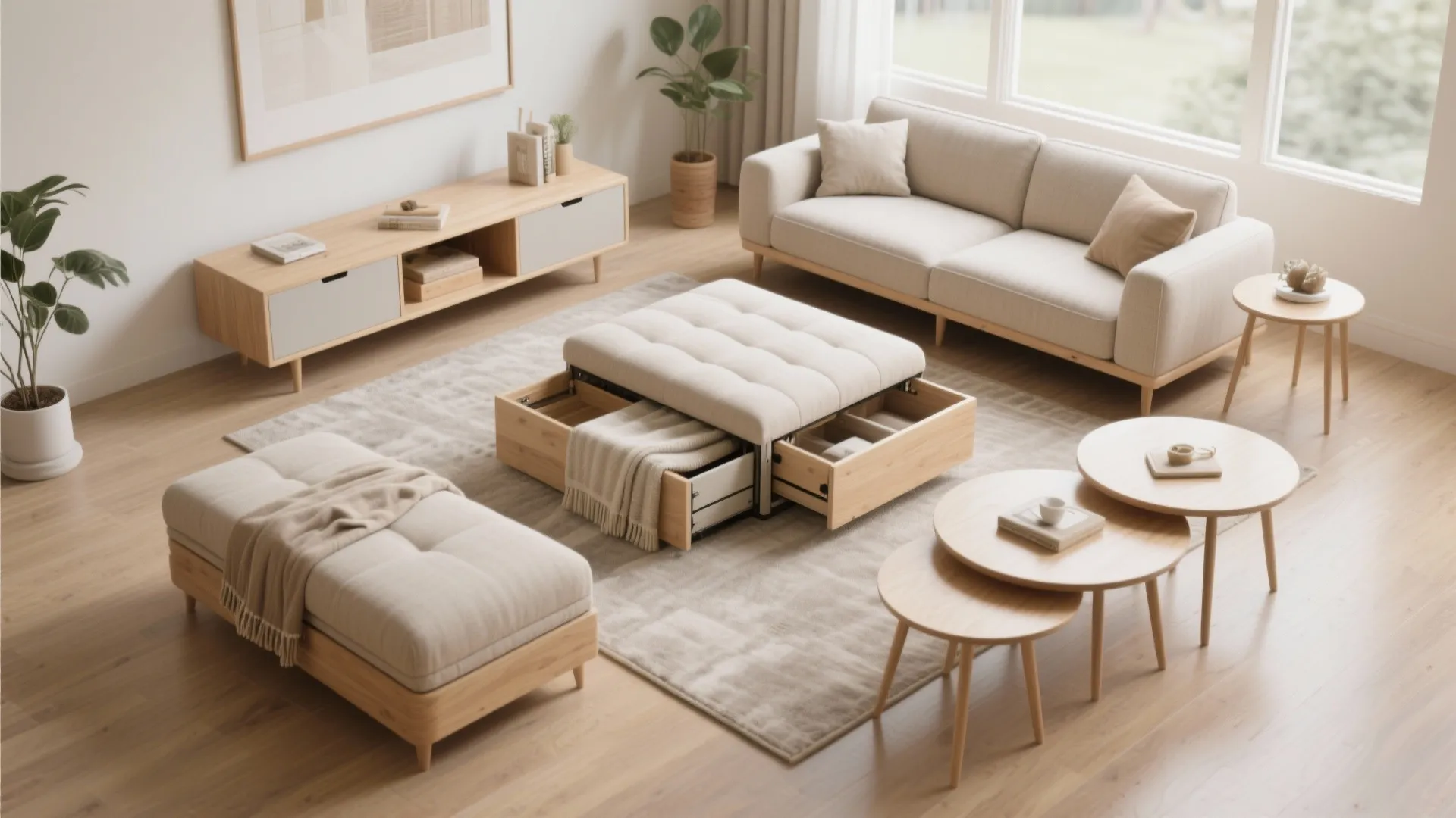 Light beige footrest with open storage drawers inside a living room with matching wooden furniture