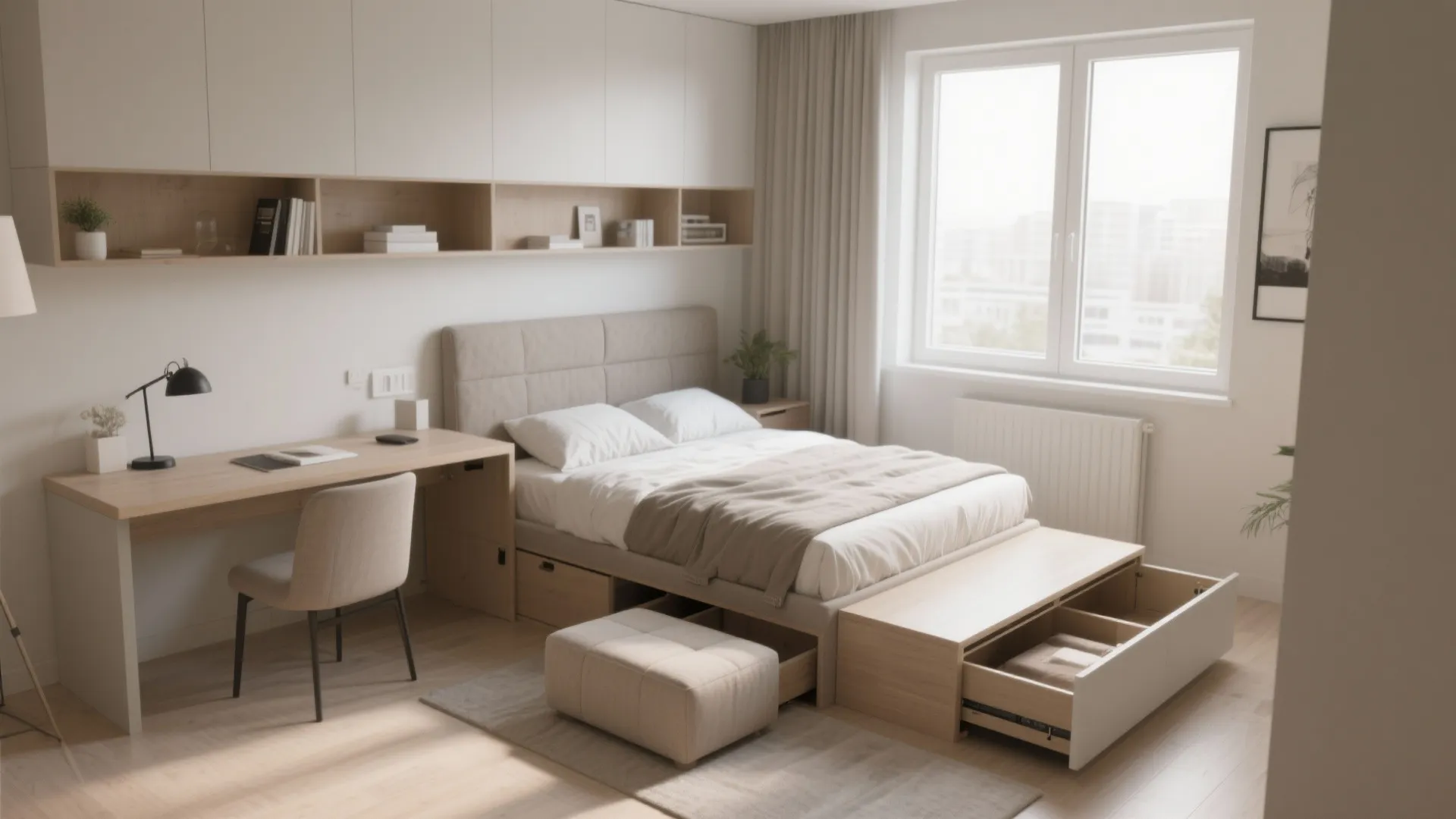 Small bedroom interior design featuring bed with storage drawers, wooden desk, chair, and large window