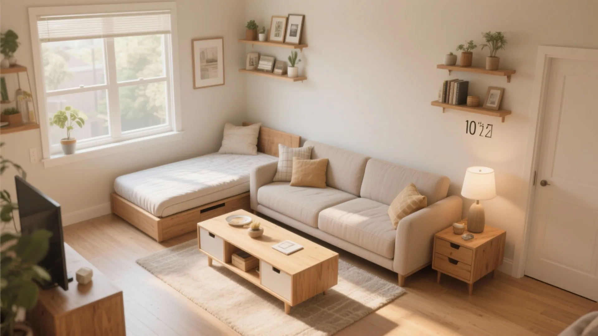 Modern living room with beige sofa wooden coffee table small bed near window and wall shelves