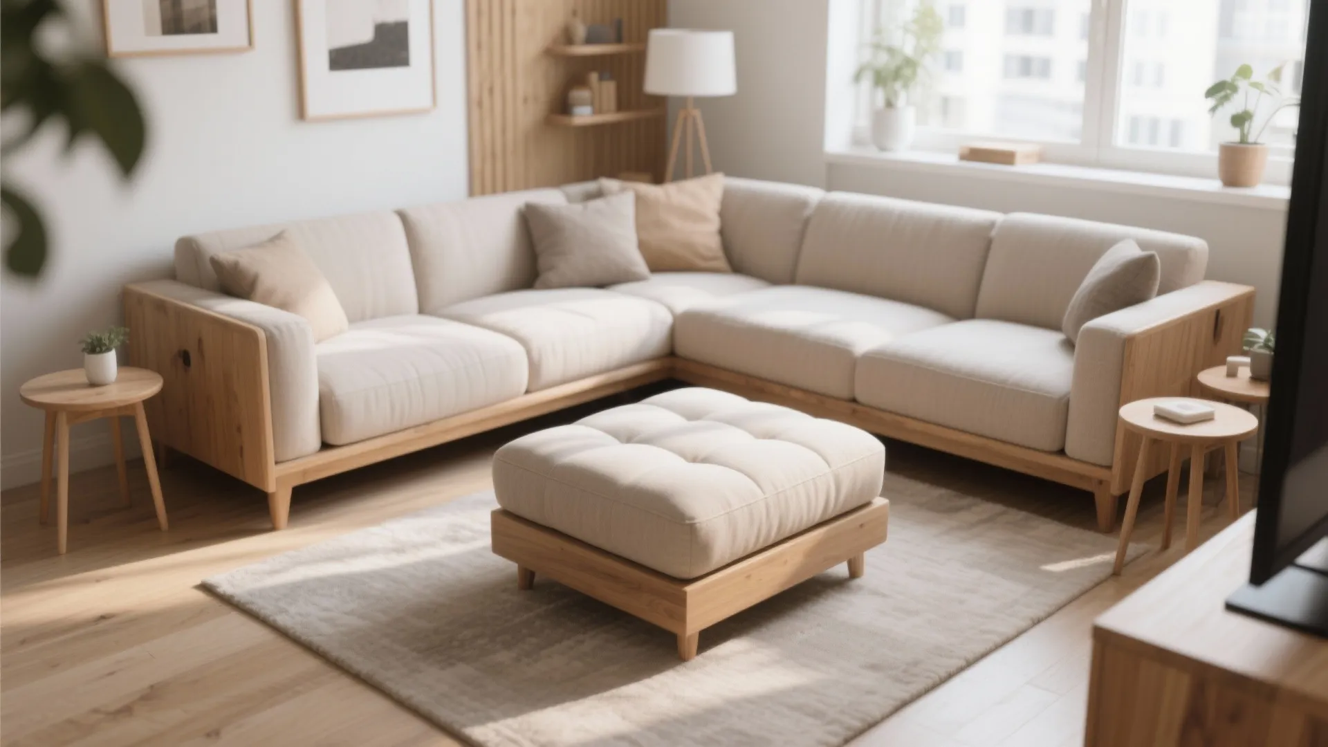 Modern living room with cream L-shaped sofa, matching footrest, wooden side tables, and neutral rug