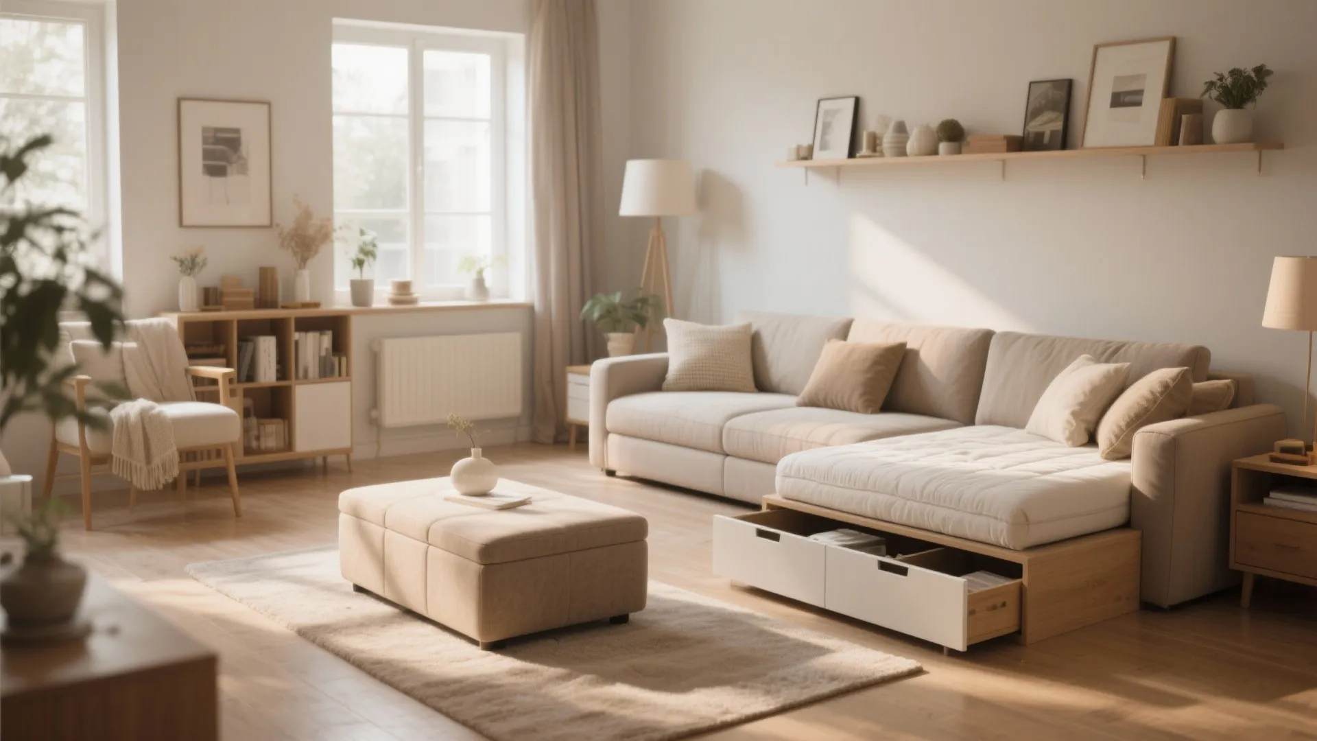 Bright living room with a sofa bed featuring storage drawers footrest wooden shelves and plants