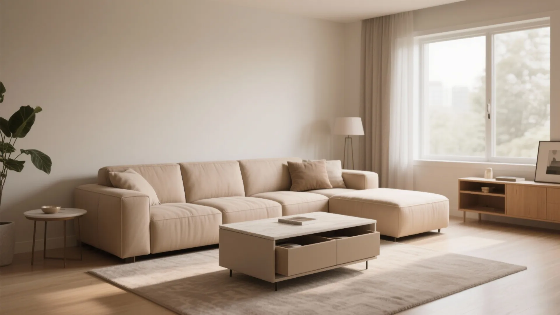 Minimalist living room featuring a beige sofa coffee table floor lamp and large window with curtains