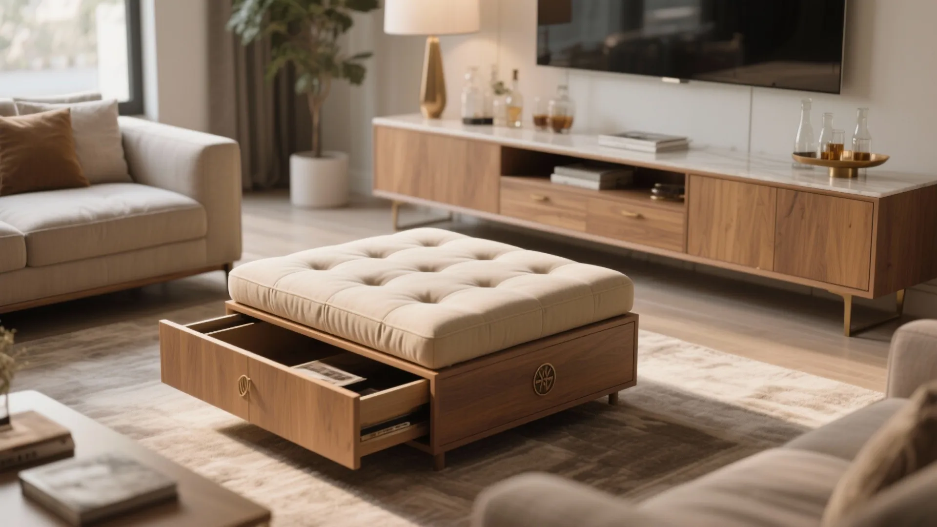 Beige footrest with an open wooden drawer placed on a rug in a modern living room