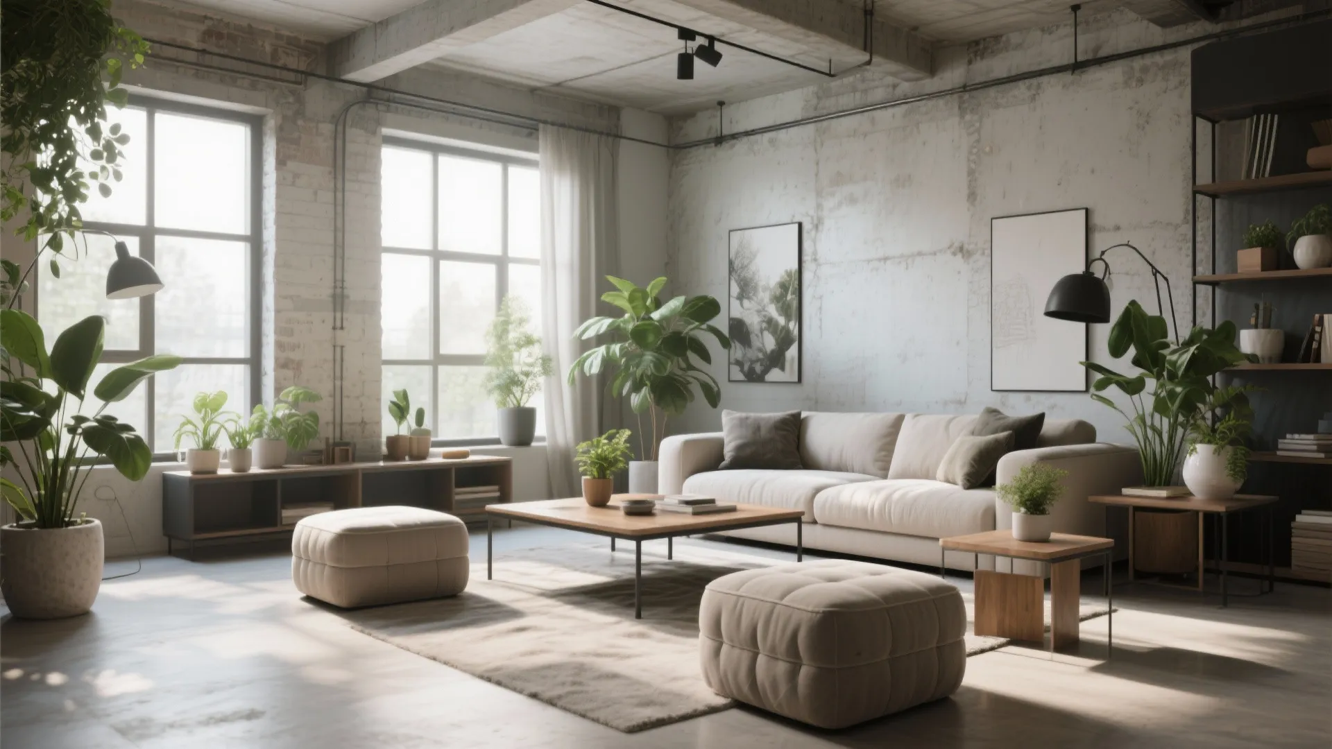 Industrial living room featuring beige sofa two footrests wooden coffee table green plants and large windows