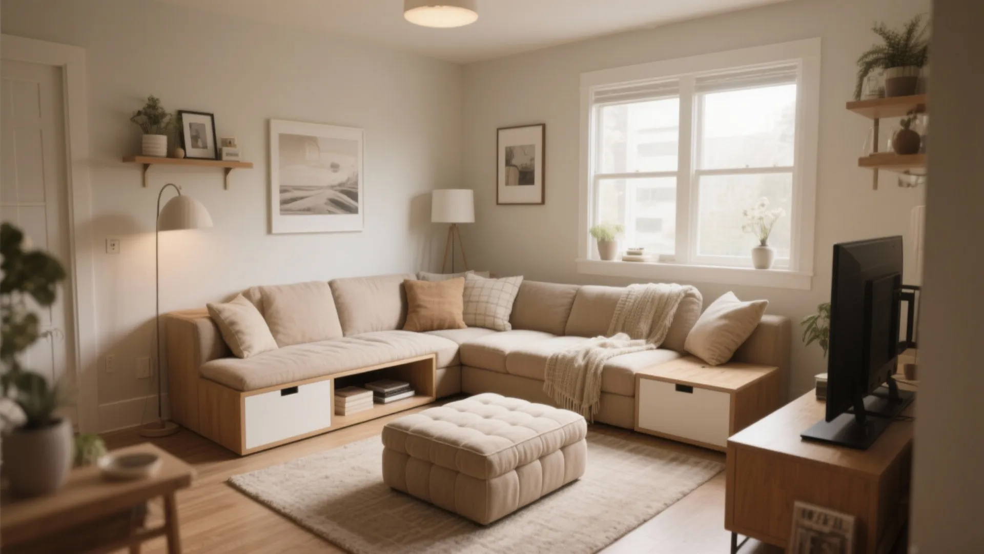 Cream sectional sofa with built-in storage drawers and matching footrest in a bright living room
