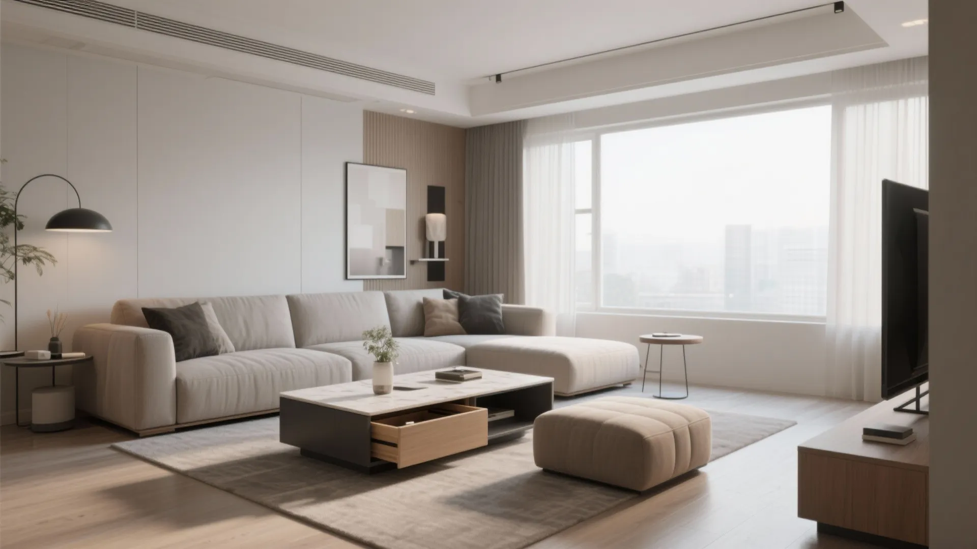 Living room featuring multi functional coffee table with open drawer grey sofa footrest and window