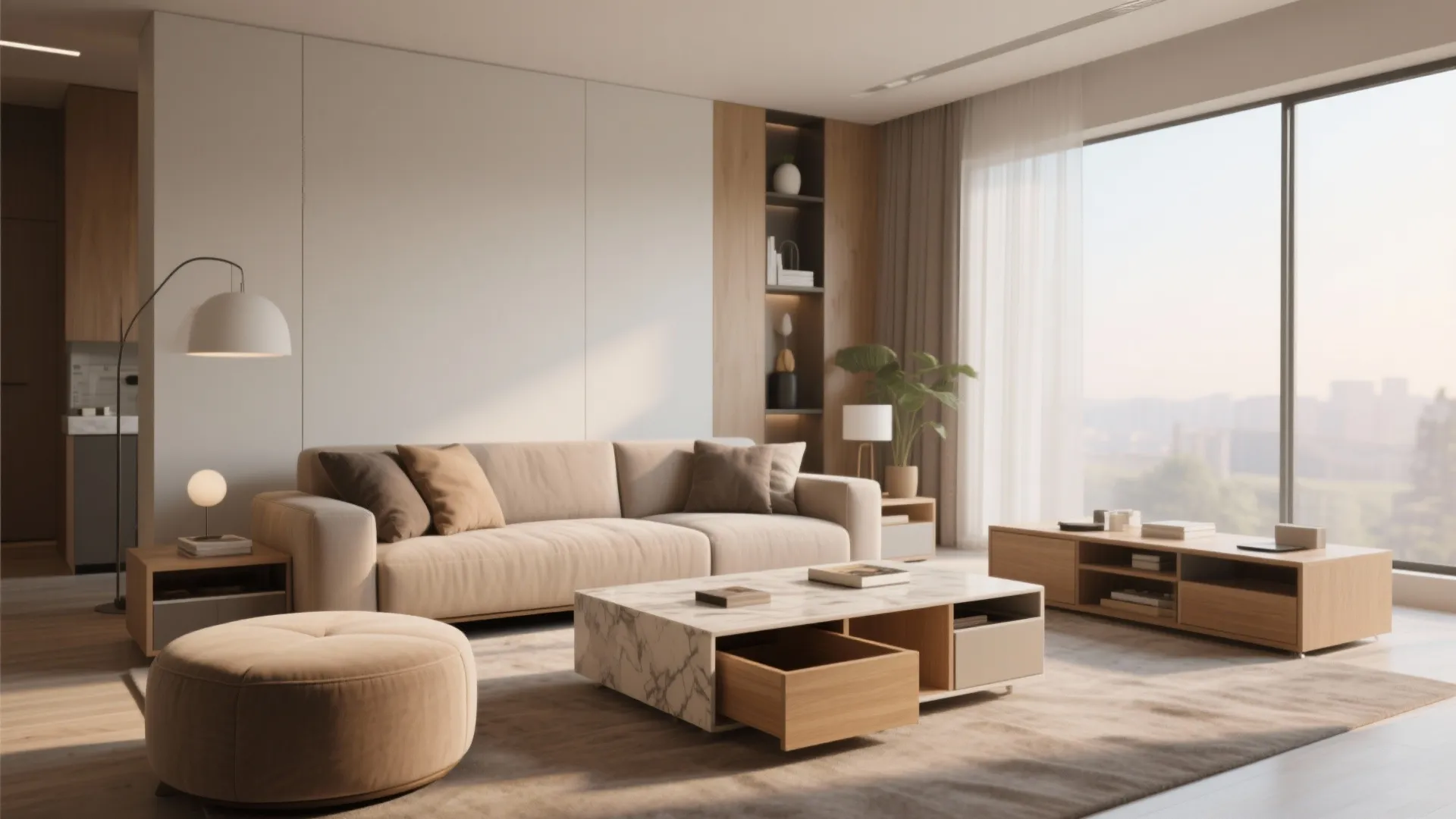 Modern living room featuring beige sofa marble coffee table footrest wooden cabinet and bright window
