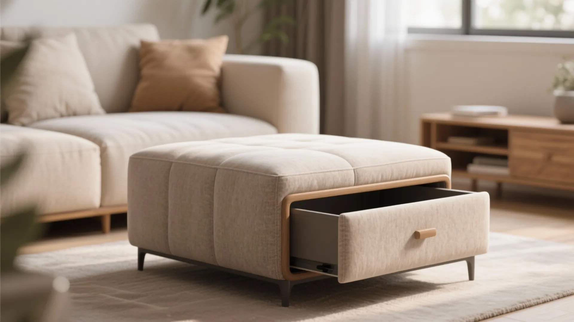 Modern cream footrest with open storage drawer placed in living room next to beige sofa