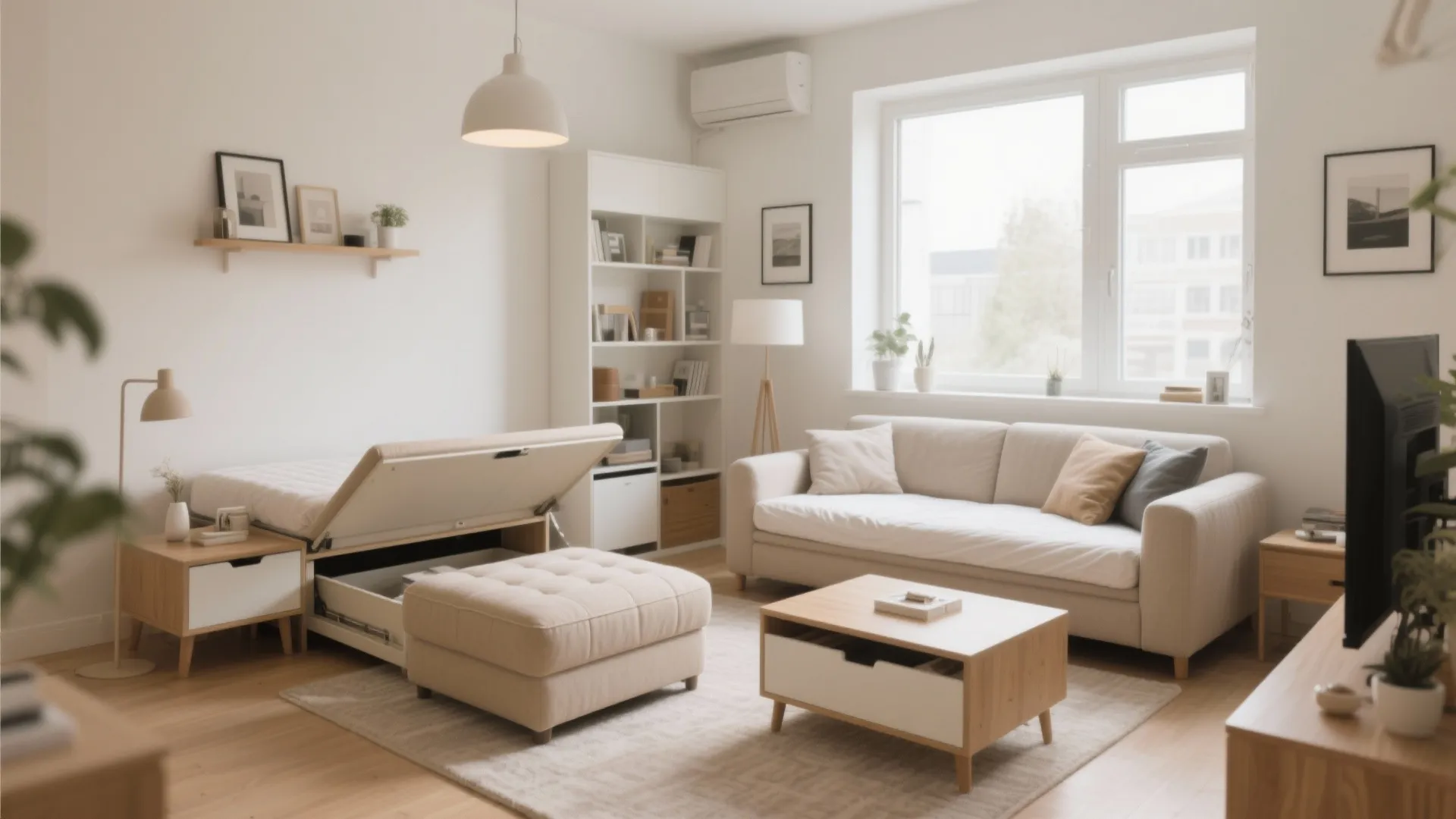 Living room with sofa bed showing storage space wooden coffee table white cabinet and ceiling light