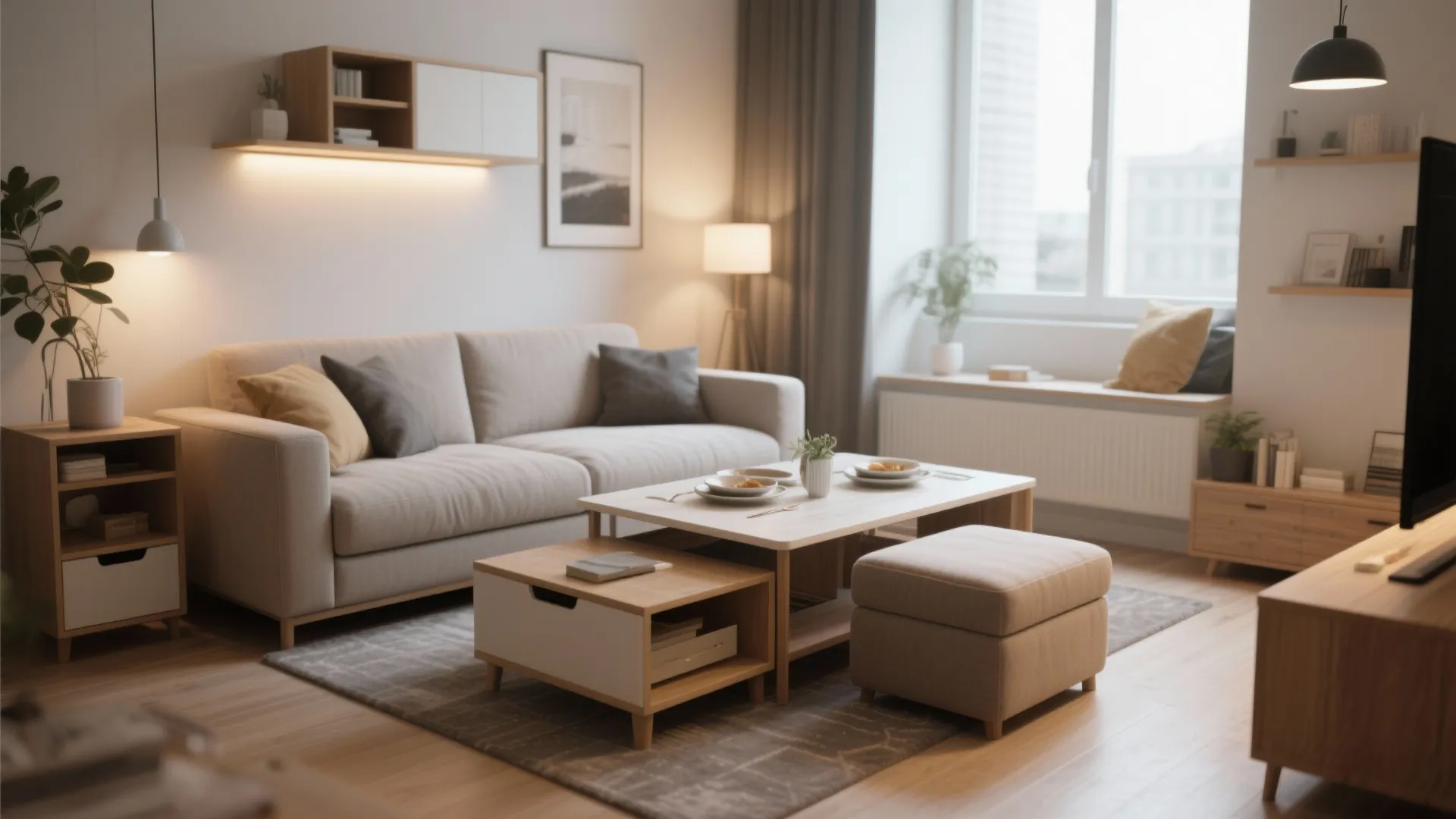 Modern living room with a beige sofa coffee table footrest and warm hanging ceiling lights