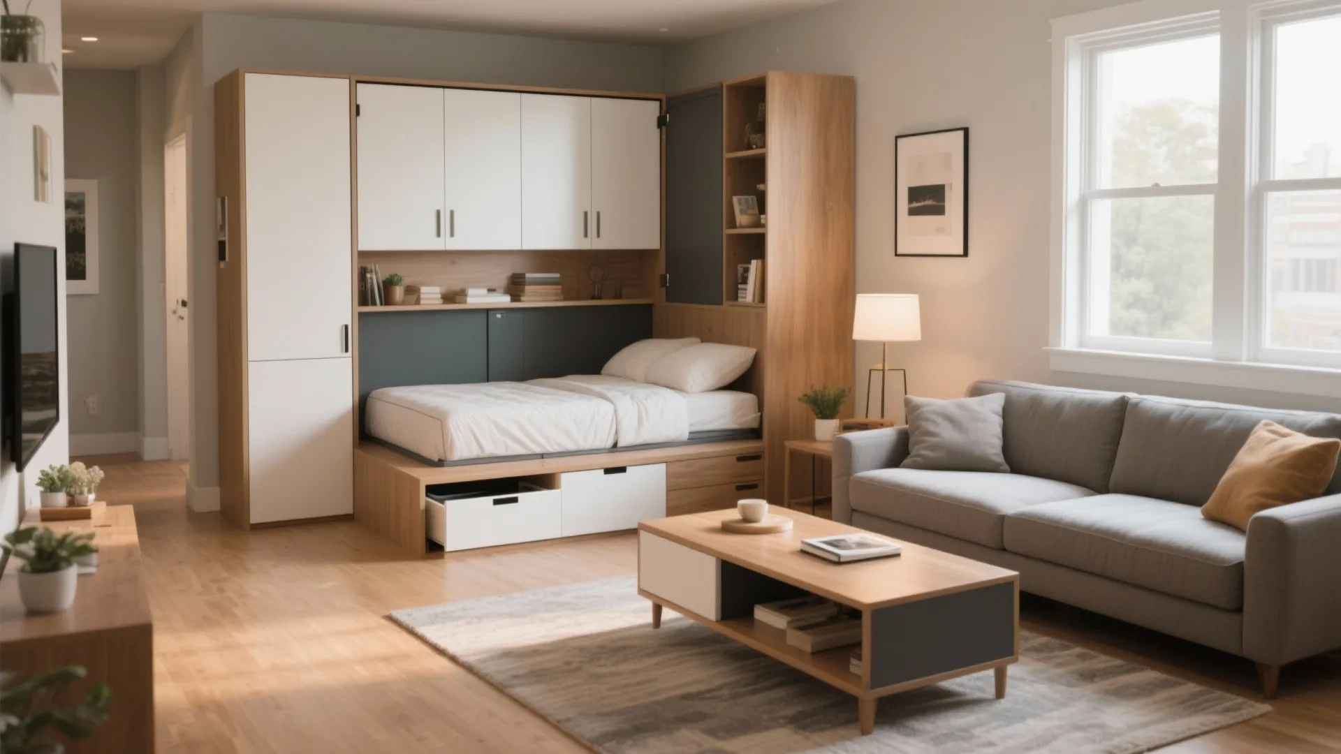 Small apartment living room featuring a wall bed system grey sofa coffee table and floor