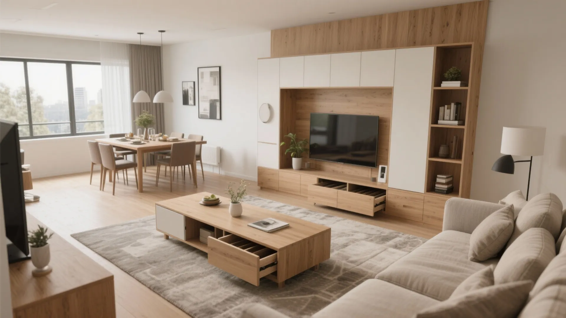 Modern living room featuring wooden cabinet with television and dining table set in open space