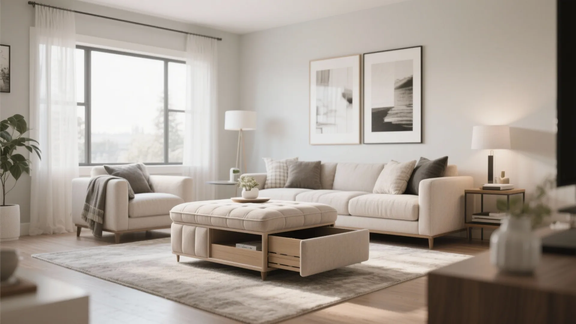 Neutral living room showing a cream sofa and a footrest with a built in storage drawer