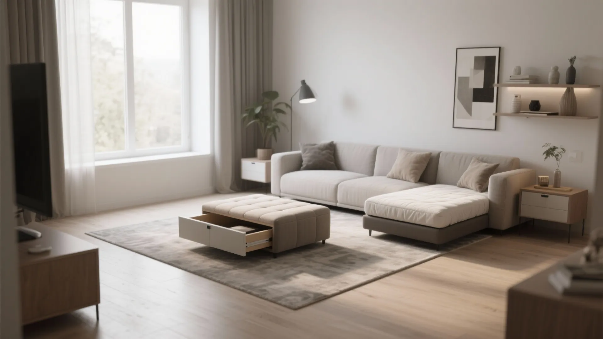 Modern living room with light grey sofa and a footrest featuring a functional storage drawer