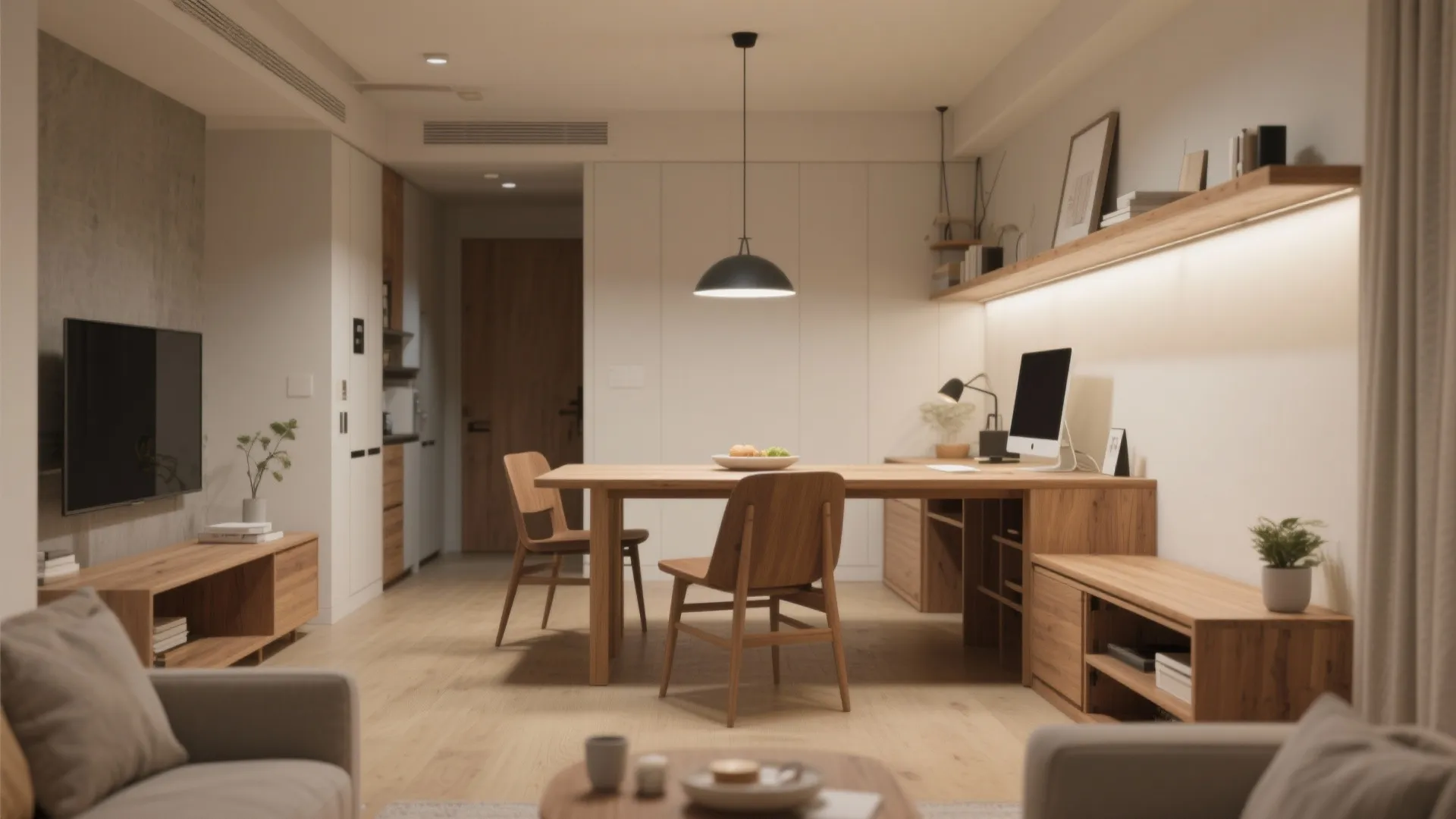 Dining table used as work desk with storage bench in small home