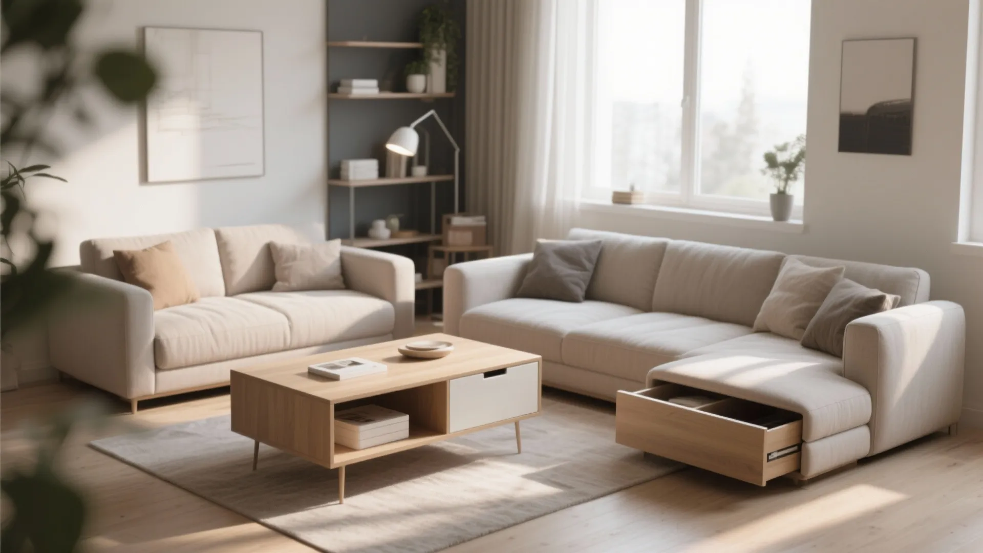 Modern living room featuring beige sofas wood coffee table with storage and bright natural sunlight
