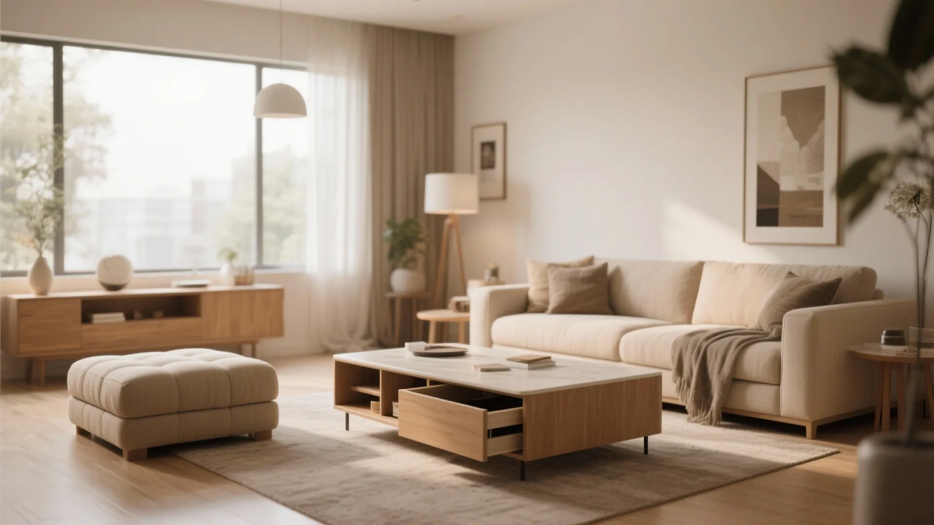 Modern wooden coffee table with storage drawer next to a beige sofa and comfy footrest
