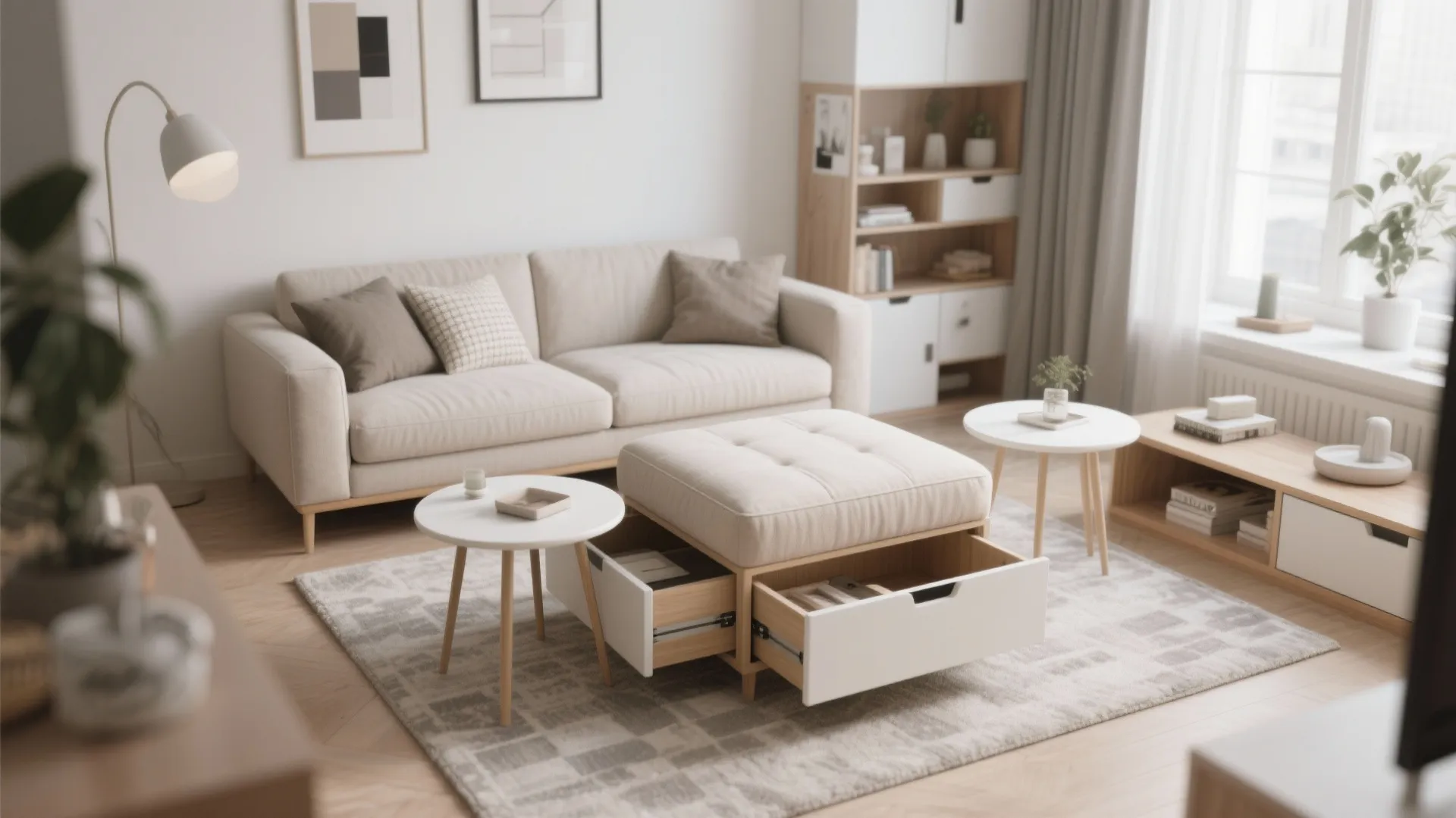 Modern cream sofa with a matching footrest featuring open storage drawers on a patterned rug
