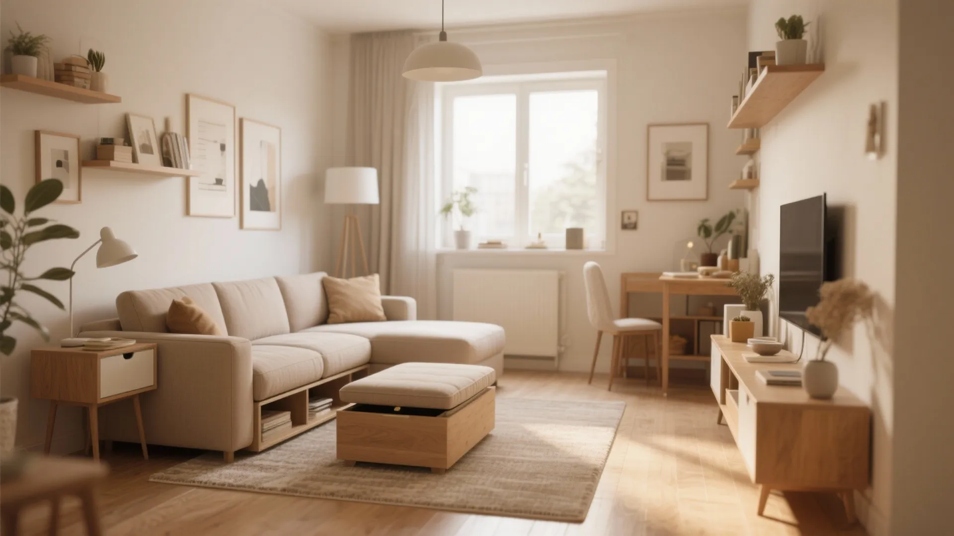 Modern living room featuring beige sofa wood footrest cabinet desk and bright windows with sunlight