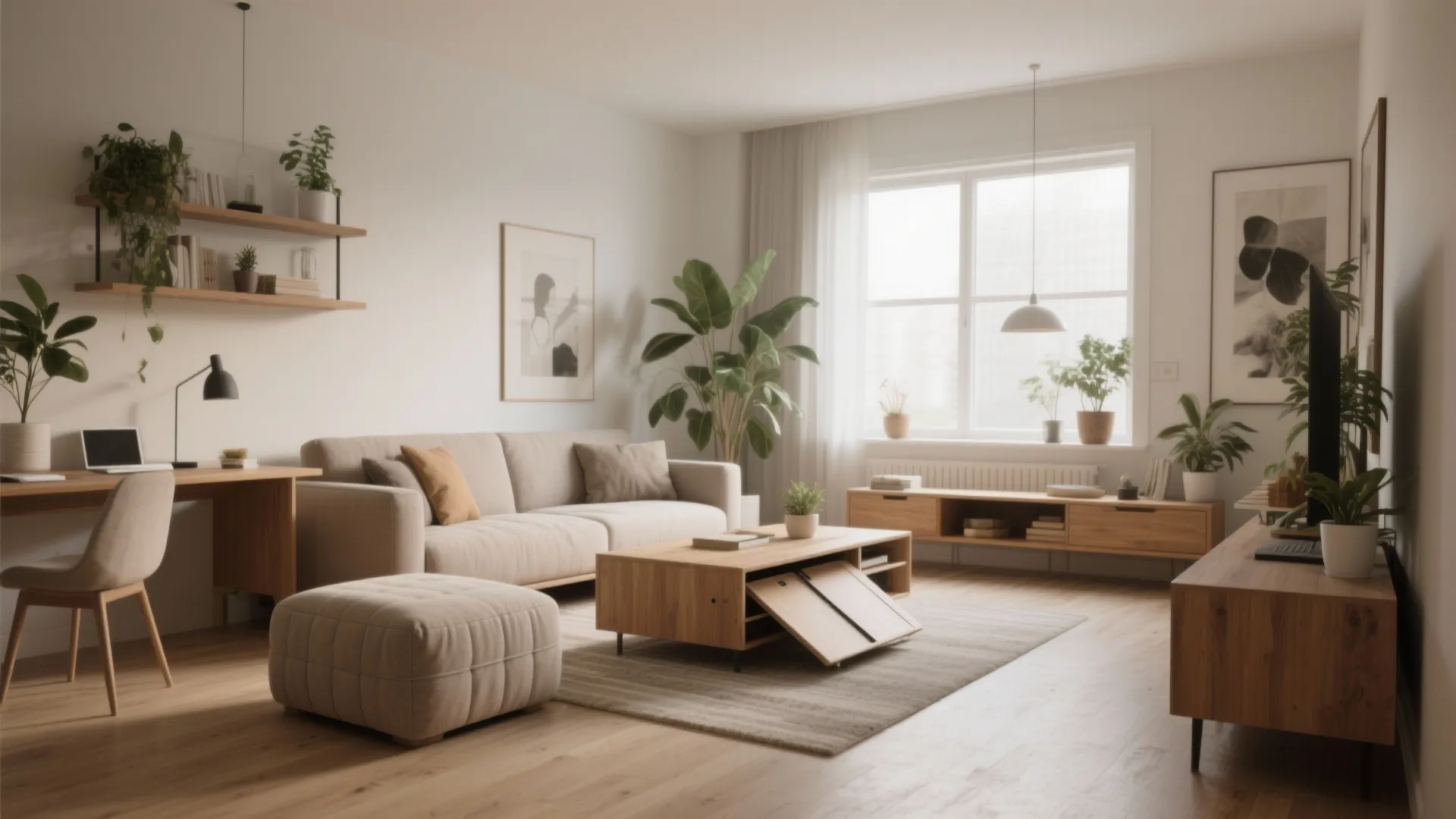Modern living room featuring a multi-functional wooden coffee table, beige sofa, and a workspace desk