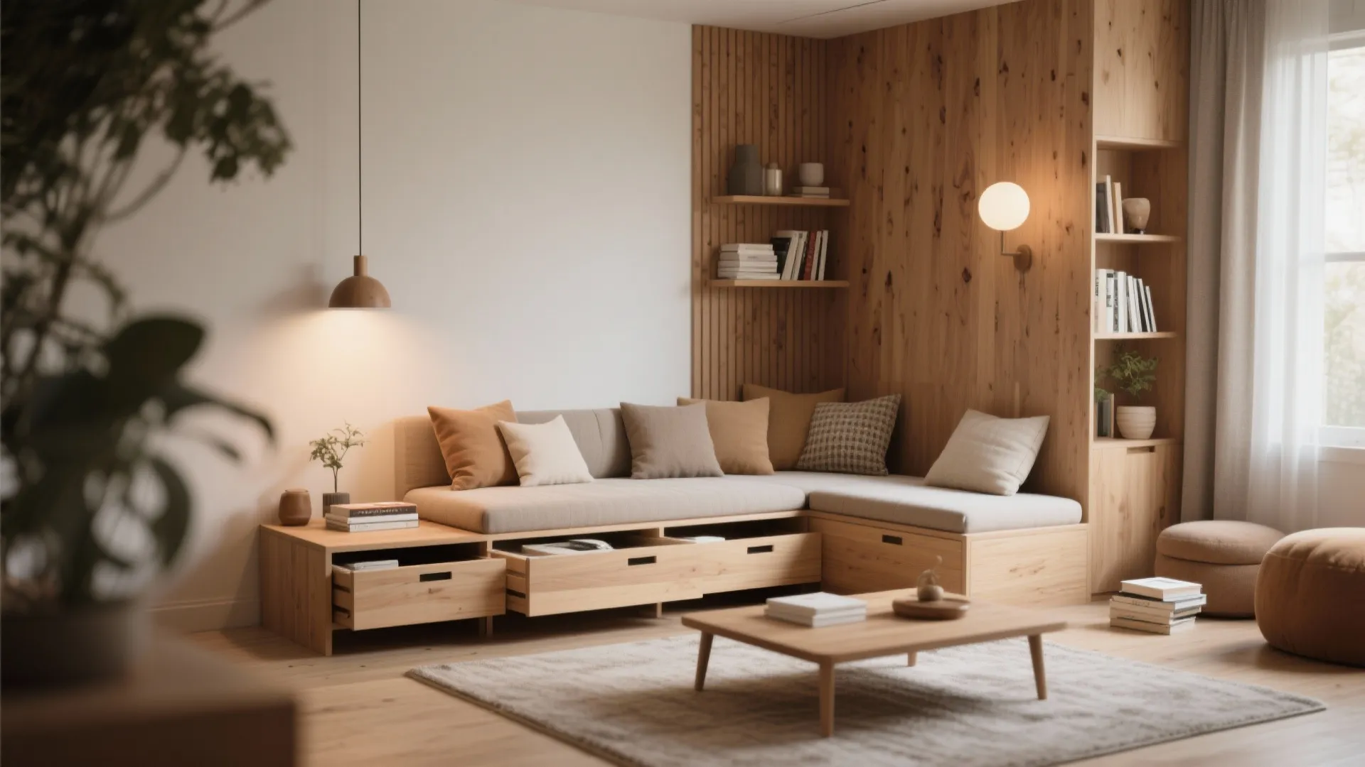Wooden sofa with storage drawers in a cozy corner with wall panel shelves and light fixture