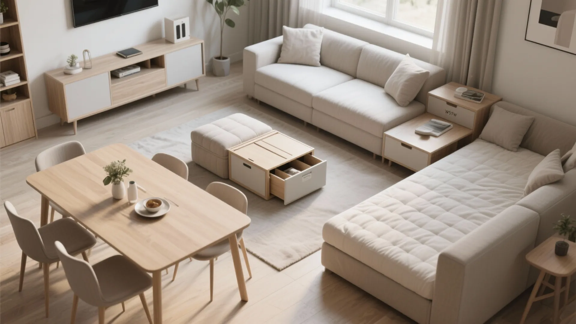 Top-down view of furniture with multiple functions for small spaces