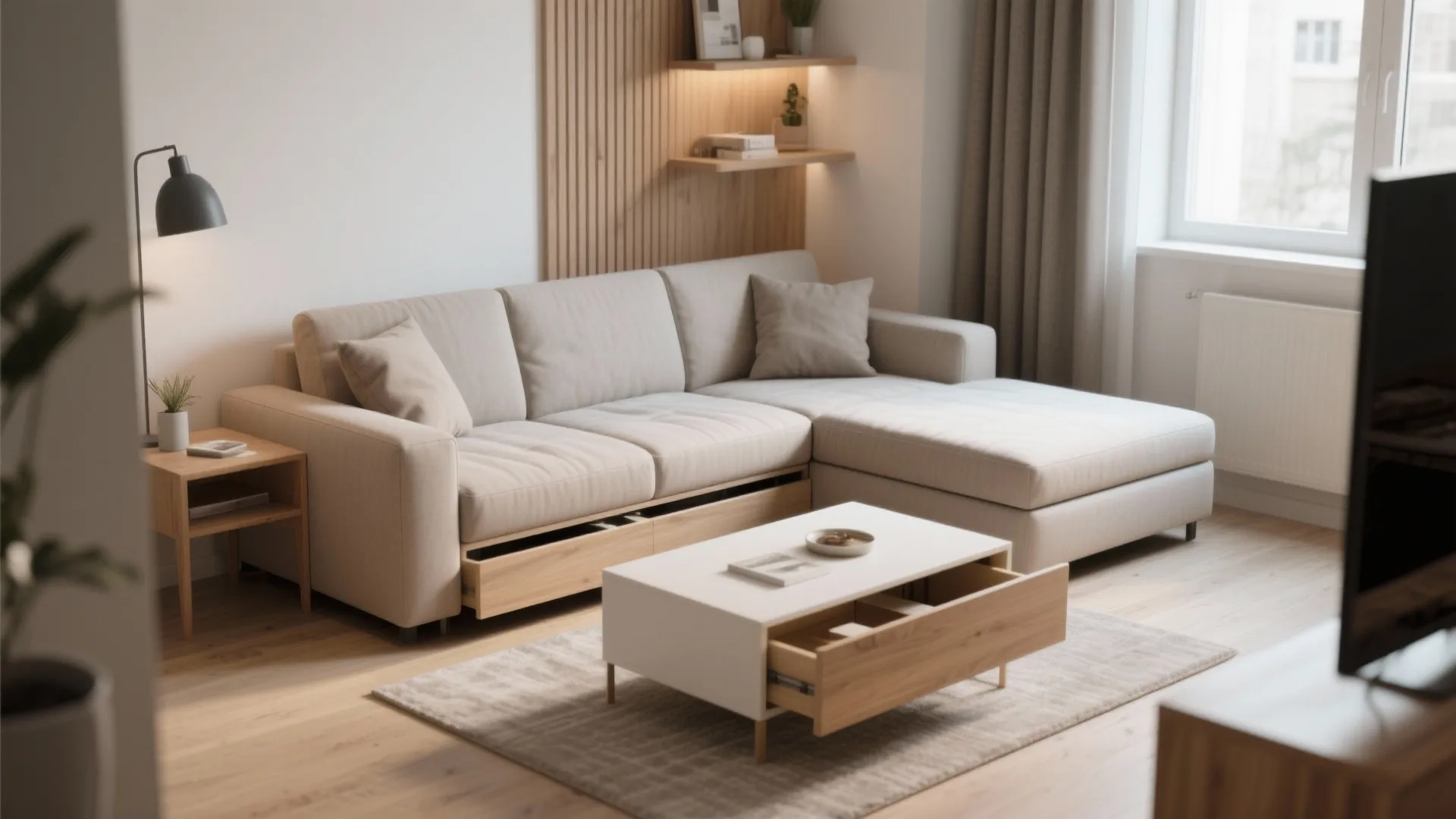 Living room with beige sofa white coffee table floor light wall panel and wooden storage furniture