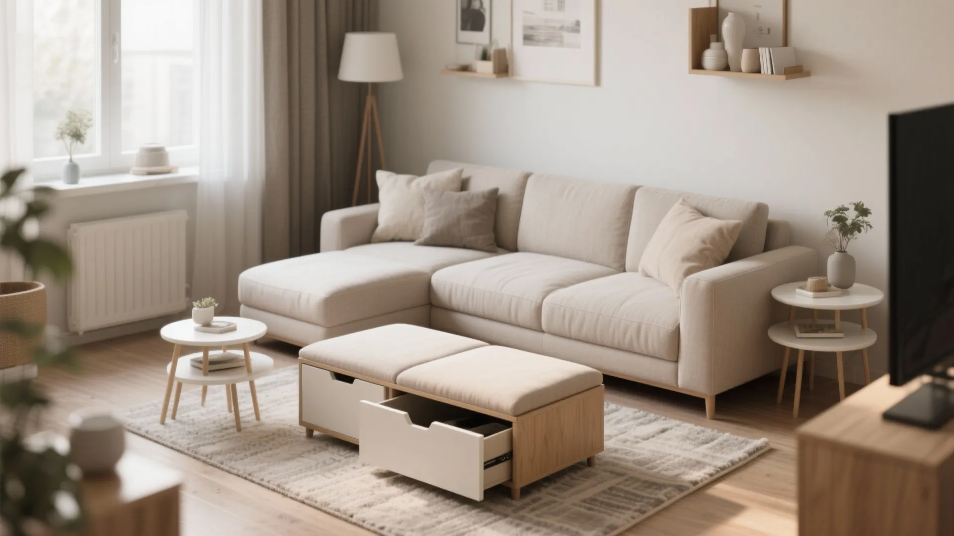 Modern living room featuring a beige sofa and a wooden footrest with built-in storage drawers