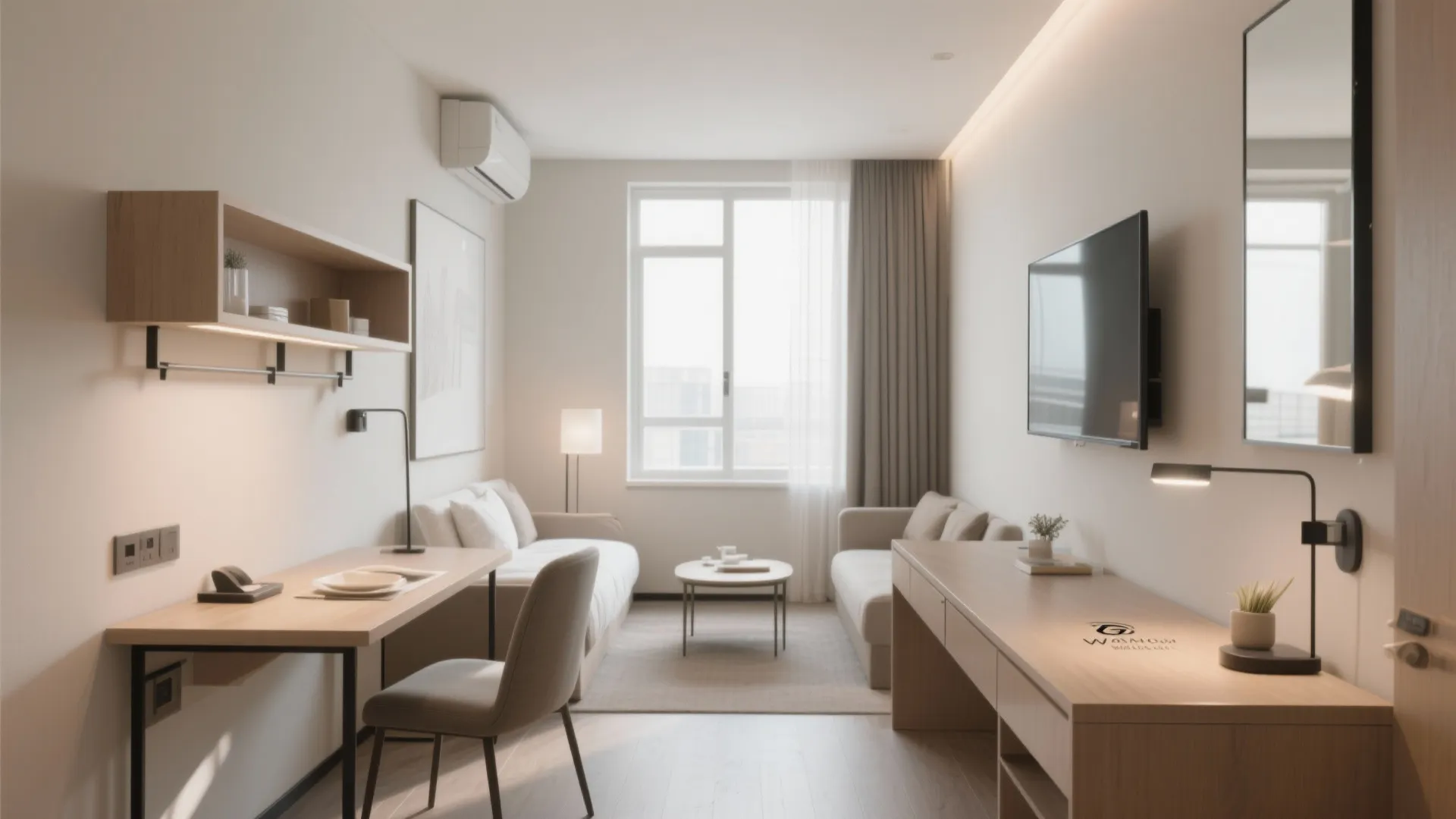 Small apartment interior design with white sofa wooden desk grey chair and wall mounted television