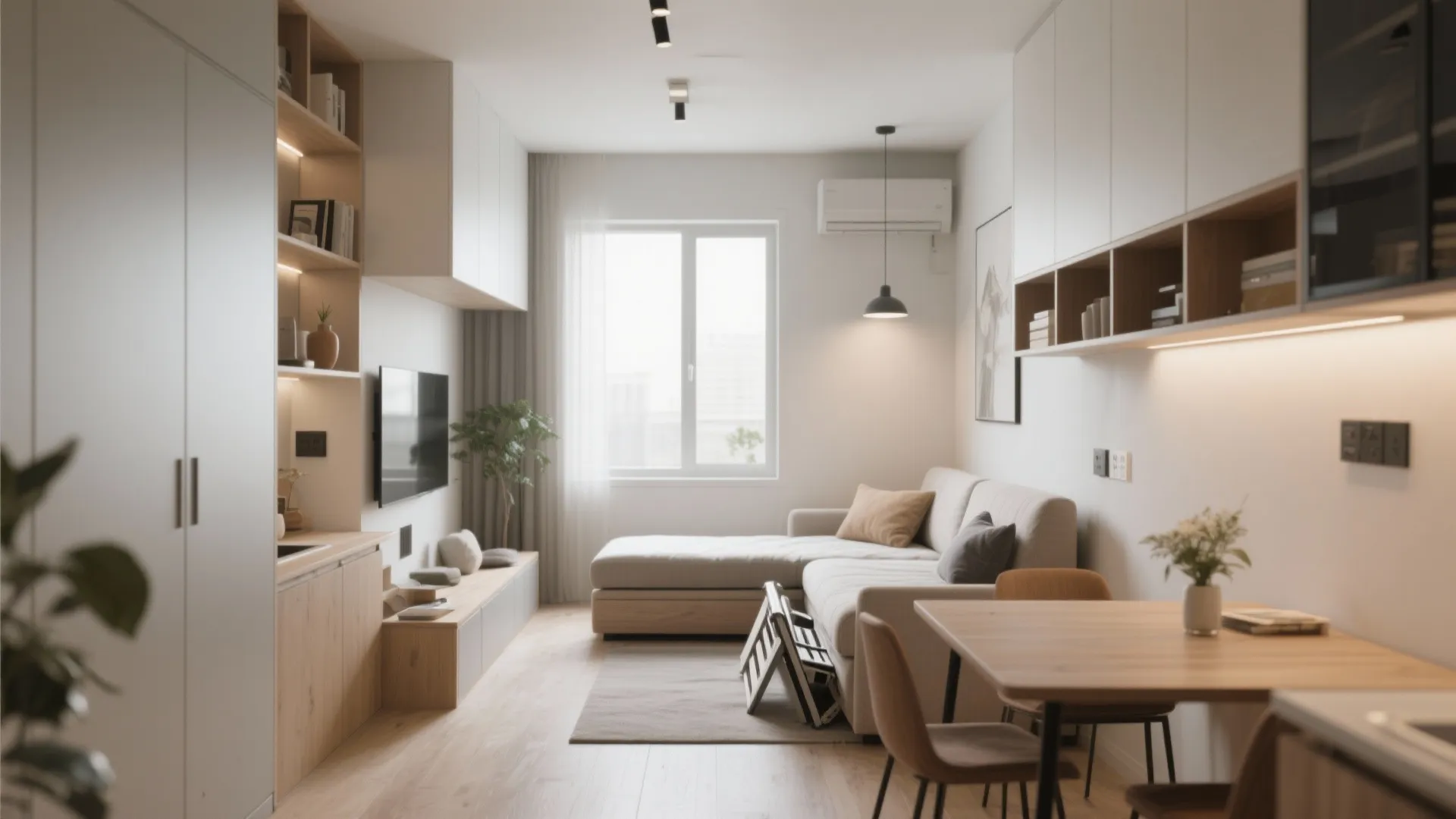 Small apartment living room with beige sofa wooden dining table wall shelving and natural light