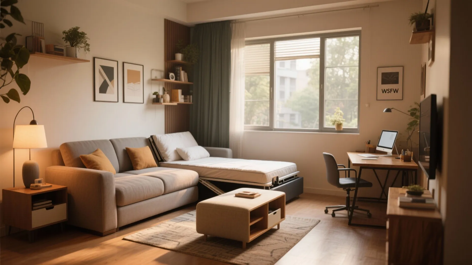 Modern studio apartment featuring a sofa bed next to a small wooden home office desk