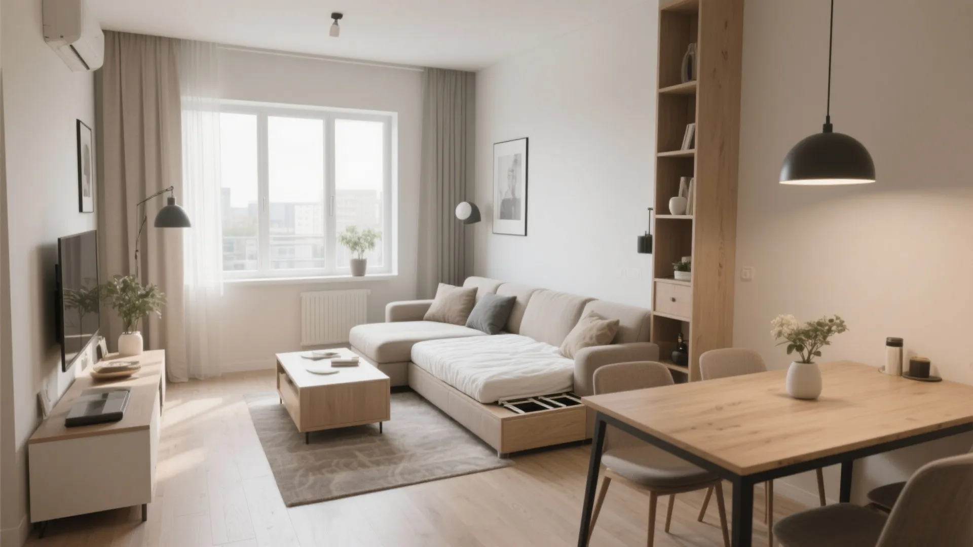 Small living room featuring a sofa bed wood coffee table and wall light near window